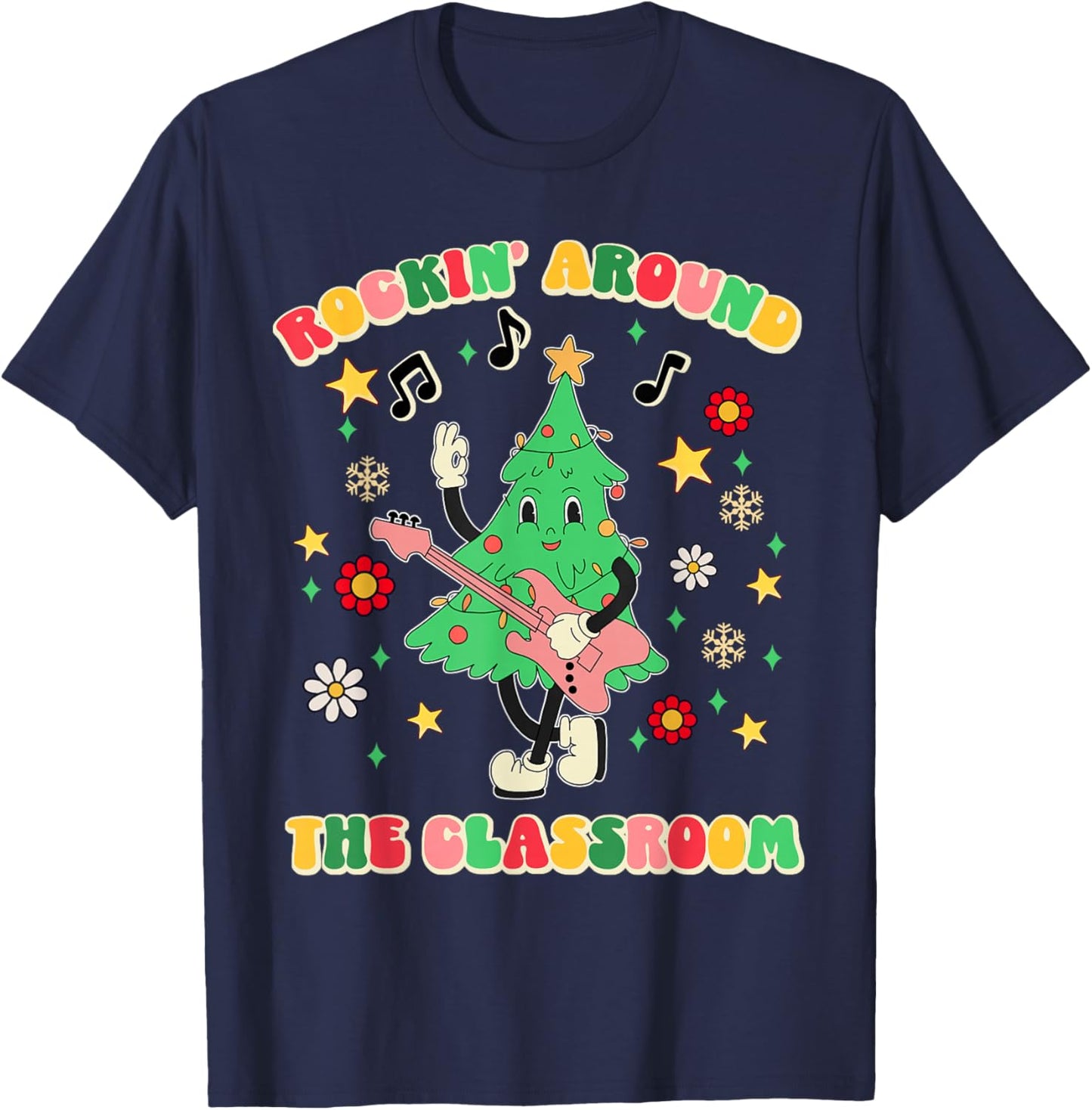Teacher Christmas Gifts Shirts Pajama Matching Rockin' Around The Classroom -Adult Black Short Sleeve Small Modern Festive Christmas Teacher Xmas Vibes T-Shirt - T-Shirt | Navy