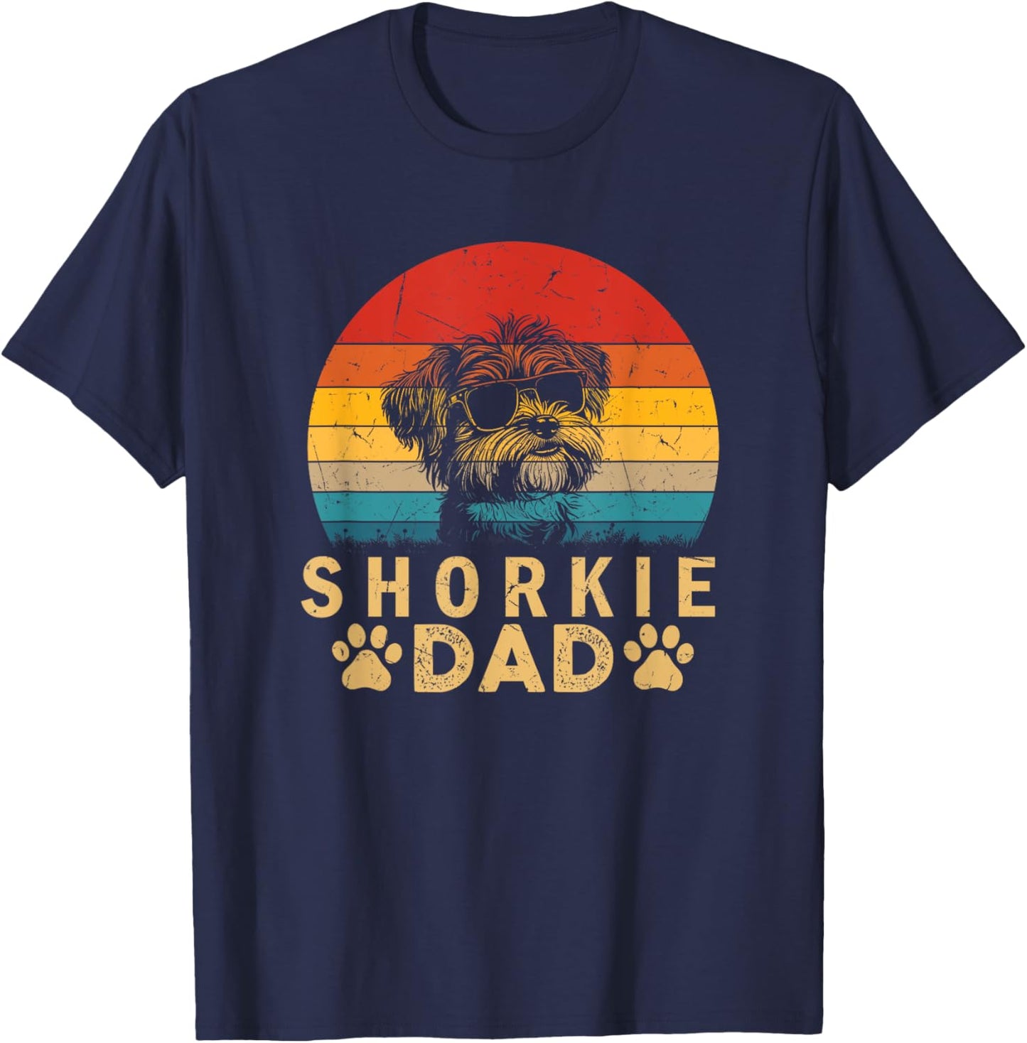 Vintage Cool Shorkie Dad Dog Lovers Paw Print Fathers Day Women Girls Kids T-Shirt - T-Shirt | Navy