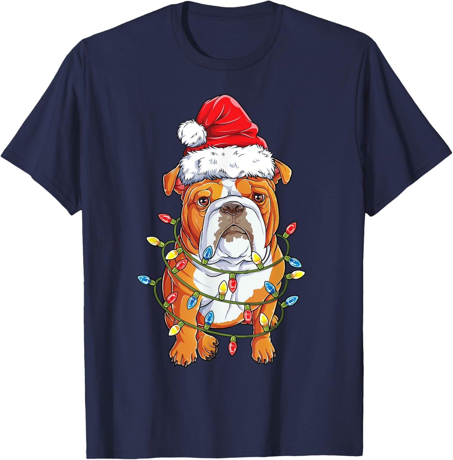 English Bulldog Santa Christmas Tree Lights Xmas Boys Dog T-Shirt - T-Shirt | Navy