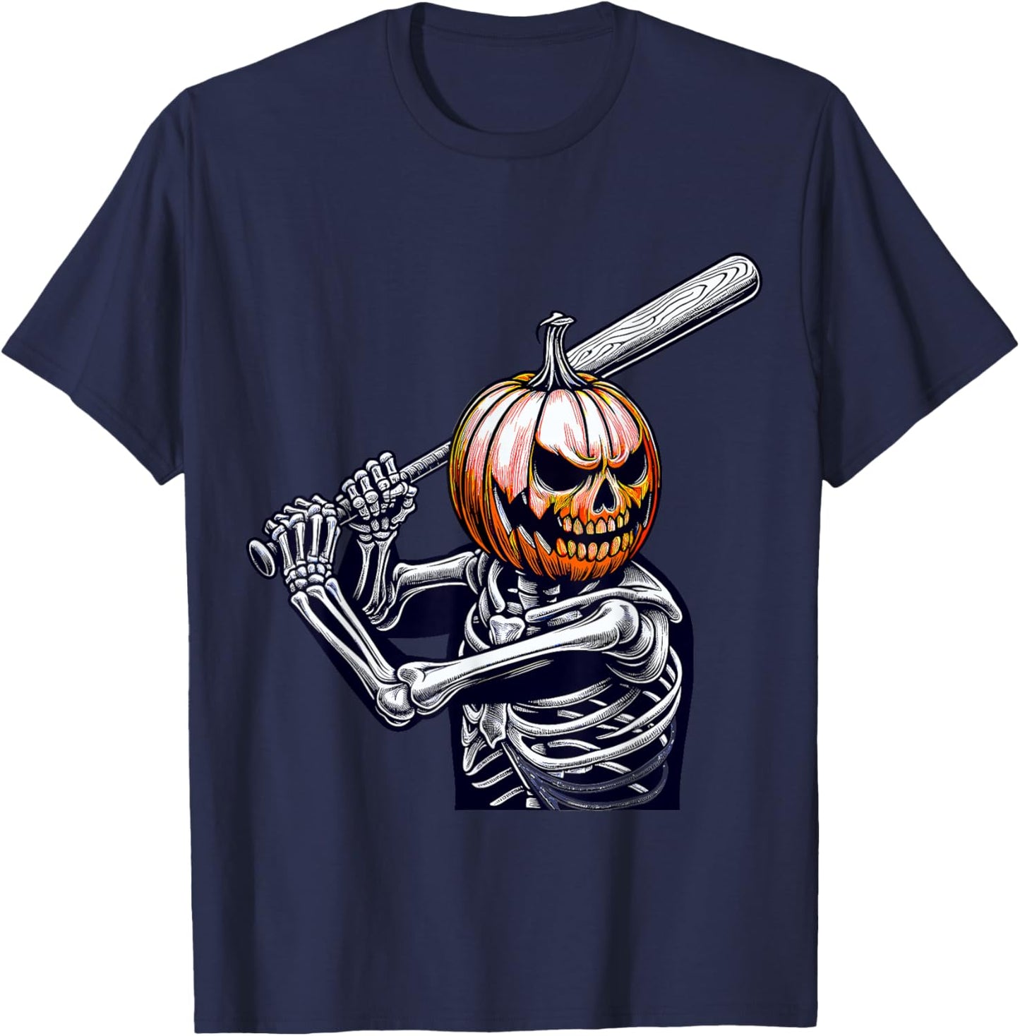 Pumpkin Skeleton playing Baseball Player Halloween T-Shirt - T-Shirt | Navy