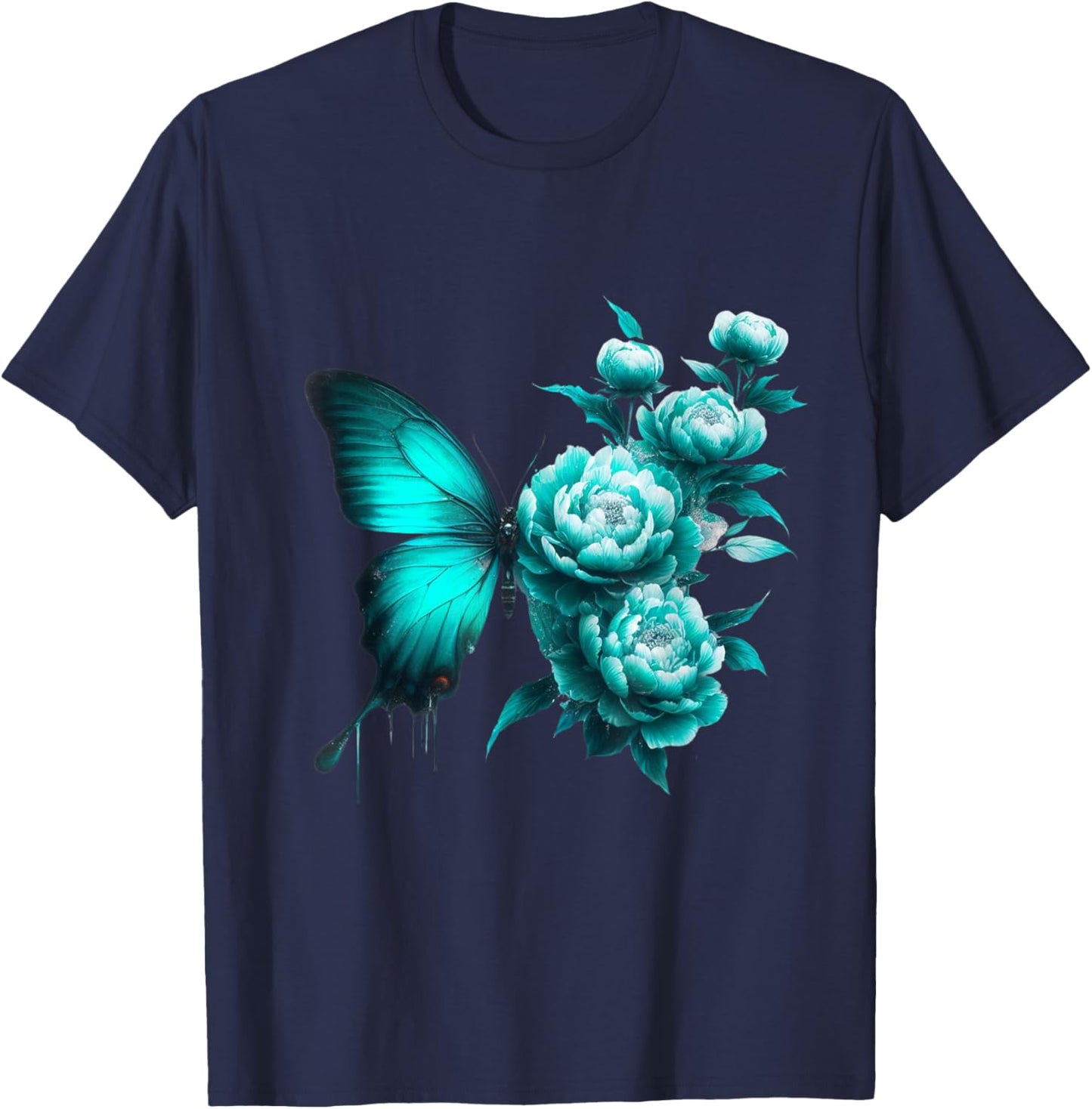 Teal Butterfly Wings Blossoming Floral Turquoise Butterflies T-Shirt - T-Shirt | Navy