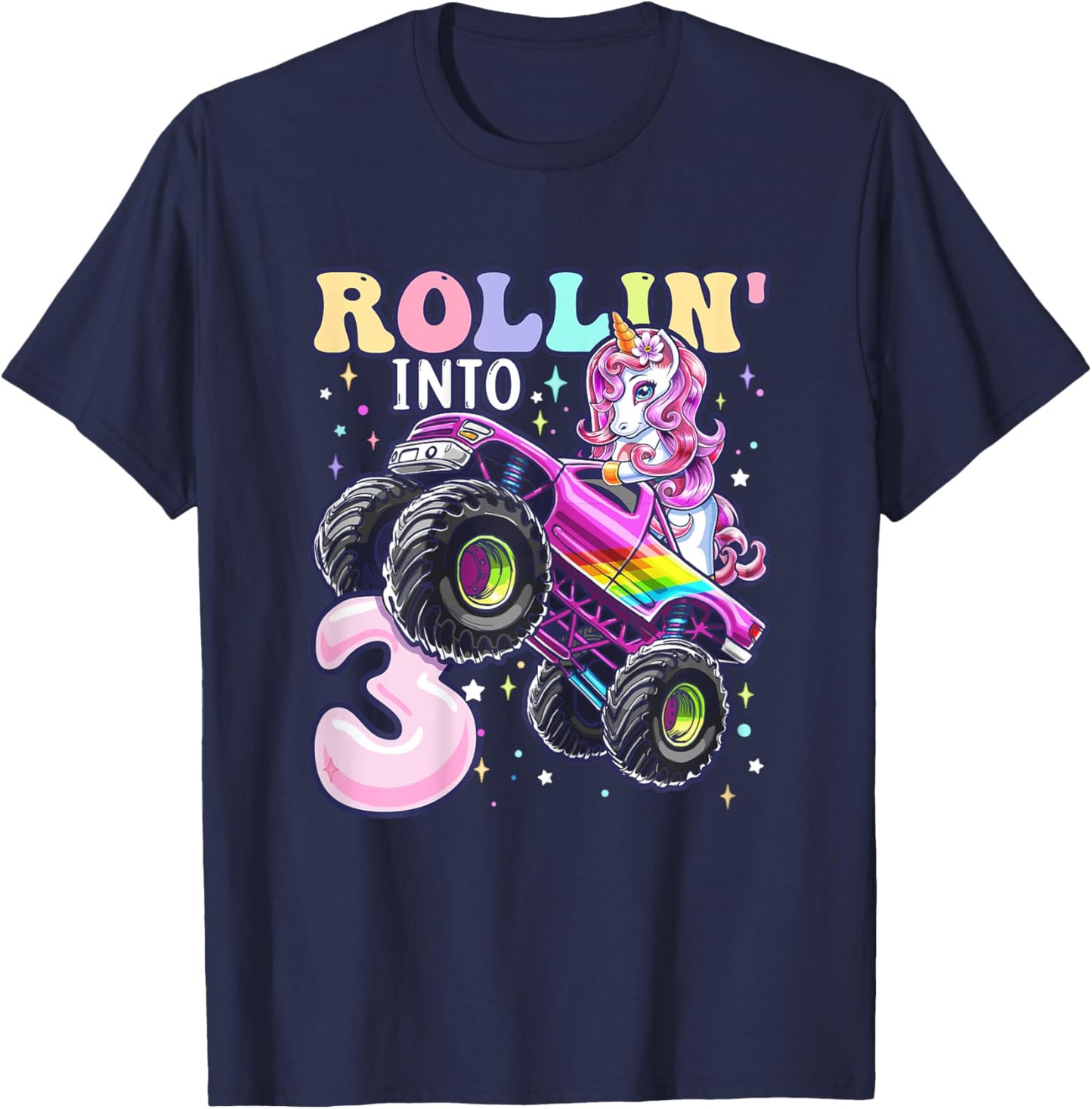 Unicorn Monster Truck 3rd Birthday 3 Year Old Girls Party T-Shirt - T-Shirt | Navy