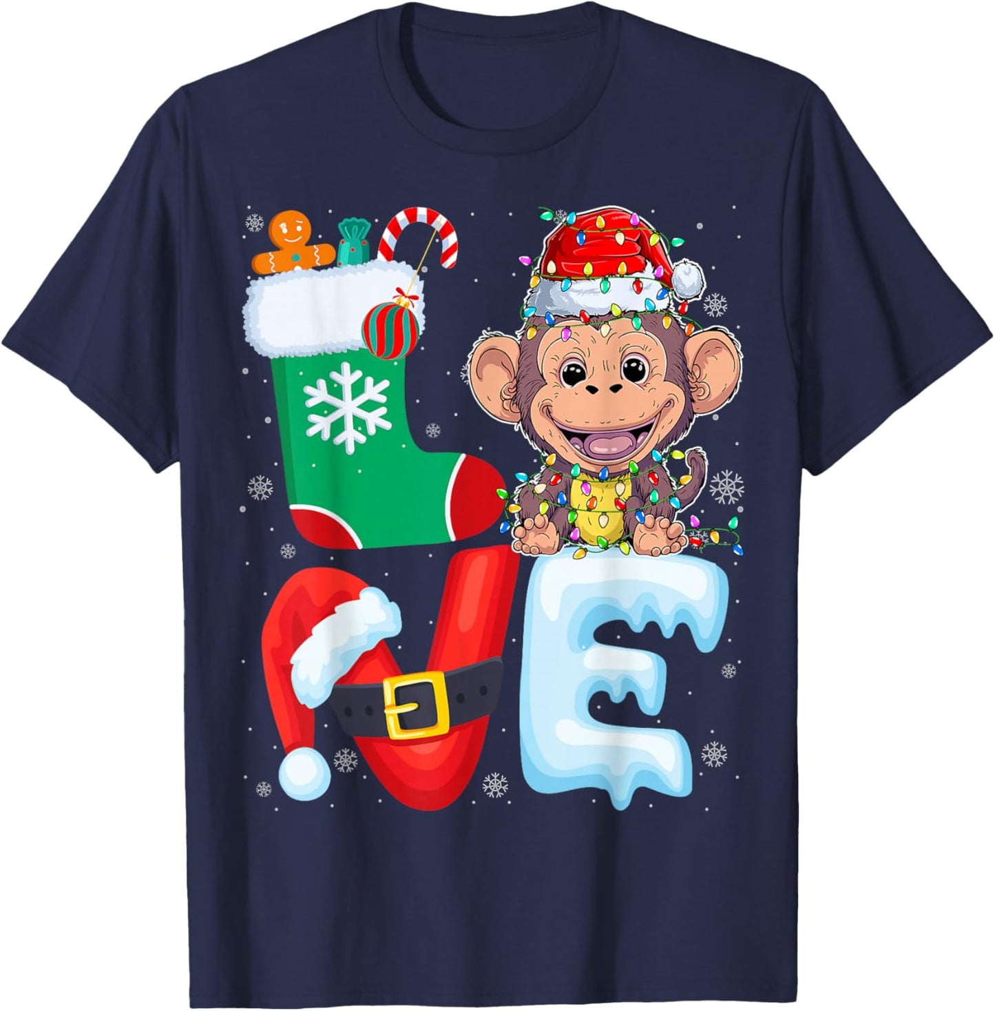 Monkey Wearing Santa Hat Xmas Lights Tree Christmas Monkey T-Shirt - T-Shirt | Navy