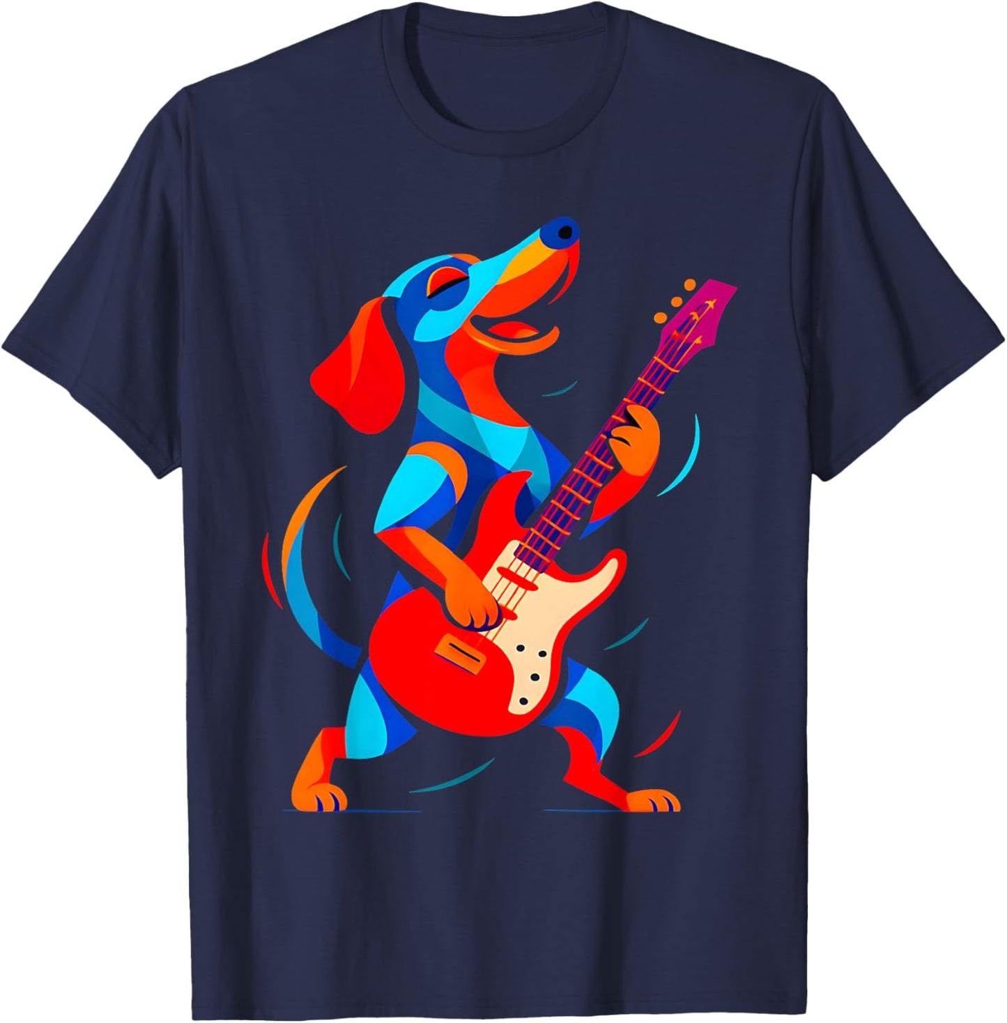Funny Dachshund Dog Playing Electric Guitar Music Musician T-Shirt - T-Shirt | Navy
