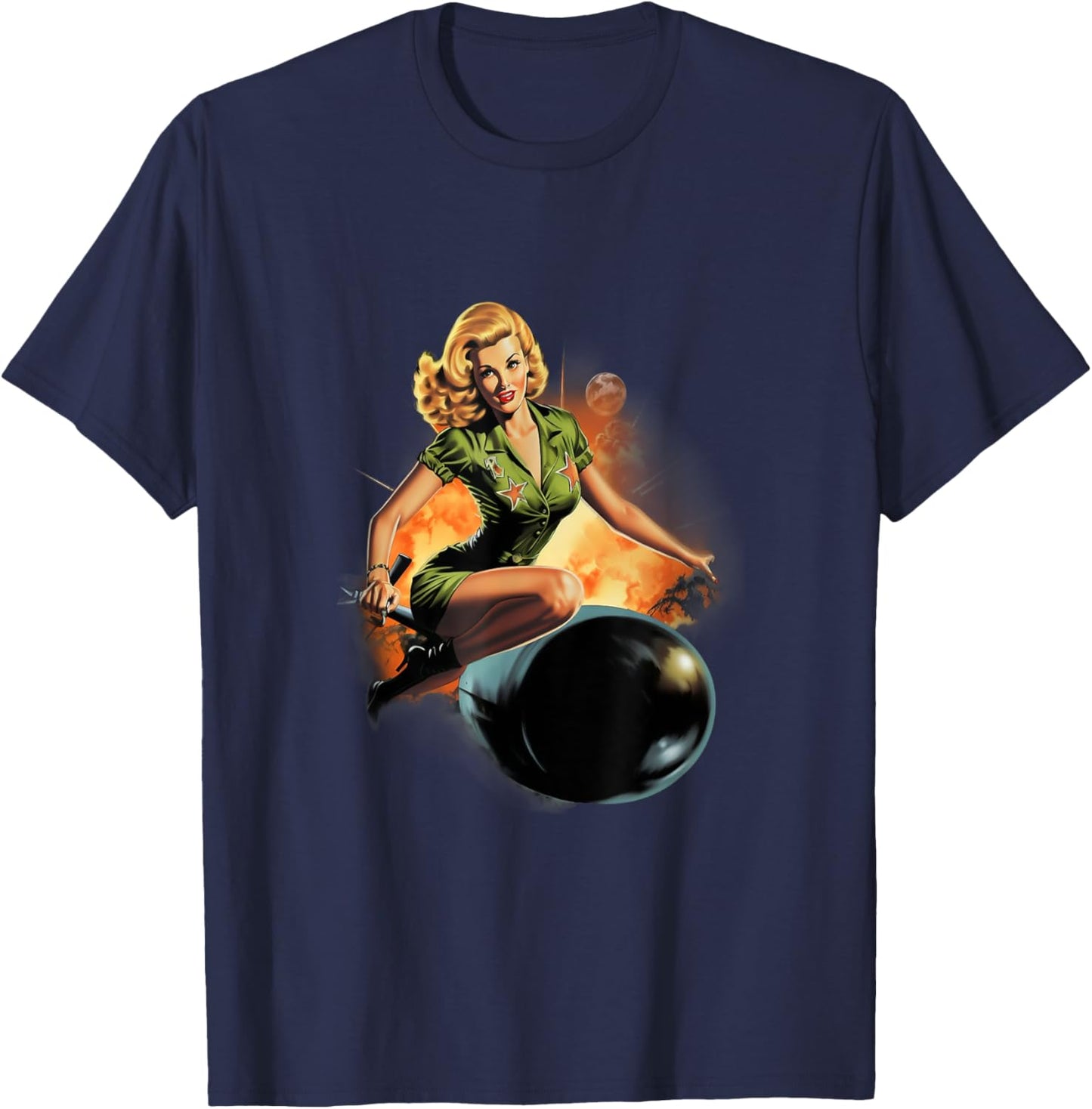 Pinup Girl Military Bomber Girl Riding Bomb T-Shirt - T-Shirt | Navy