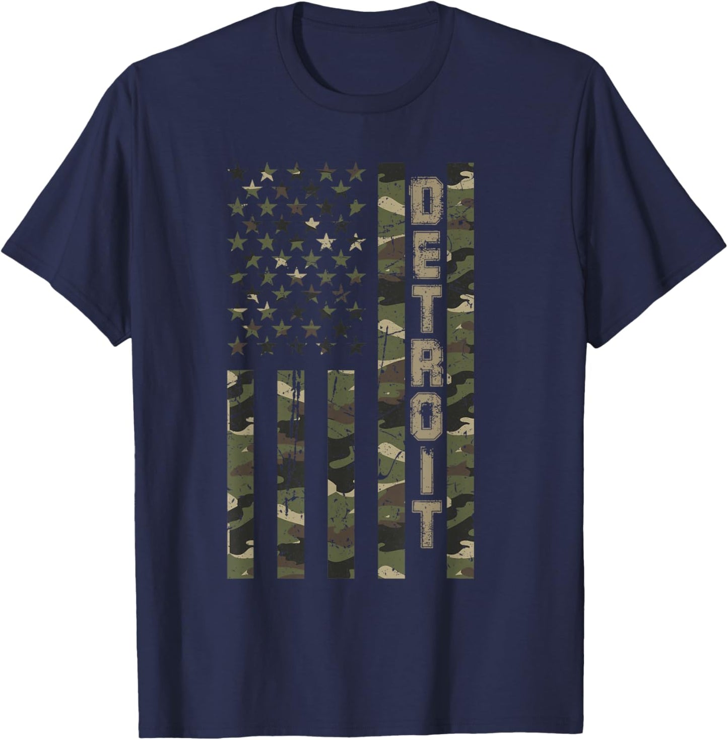Detroit United States Distressed Camo w US Flag T-Shirt - T-Shirt | Navy