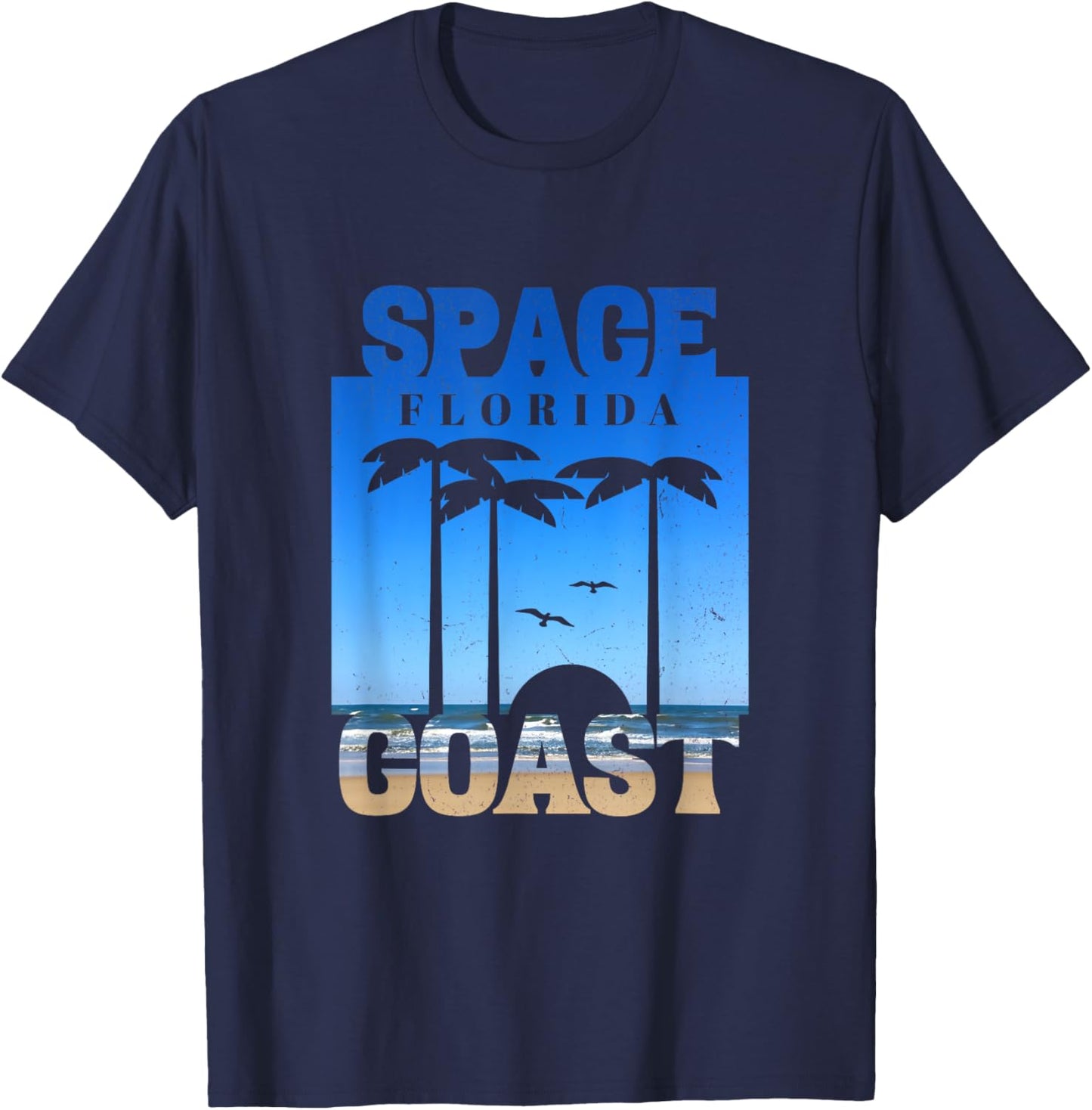Space Coast Beach Florida, Cool Retro 80s Simple Graphic T-Shirt - T-Shirt | Navy