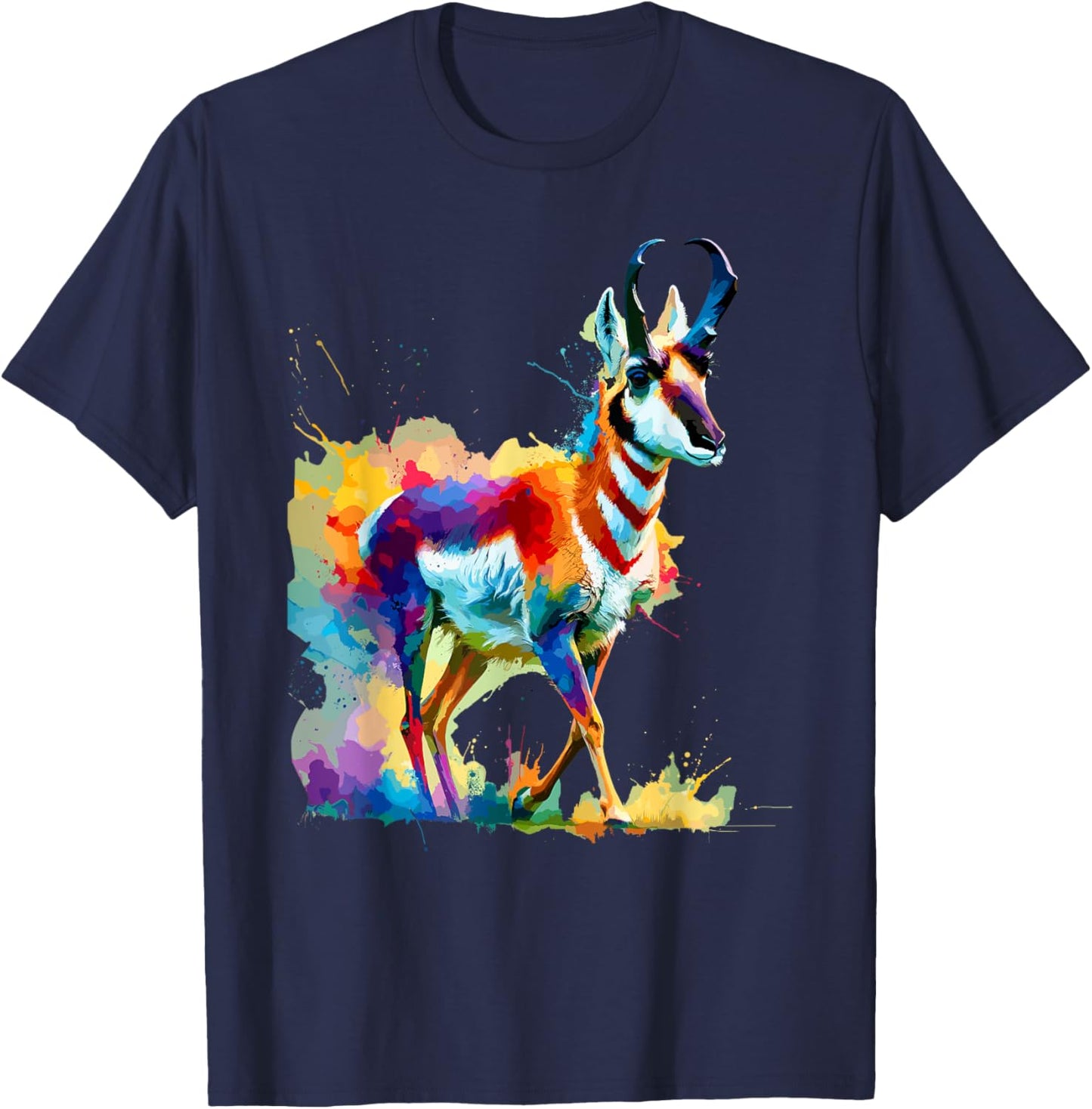Colorful Splash Art Pronghorn American Antelope Pronghorns T-Shirt - T-Shirt | Navy