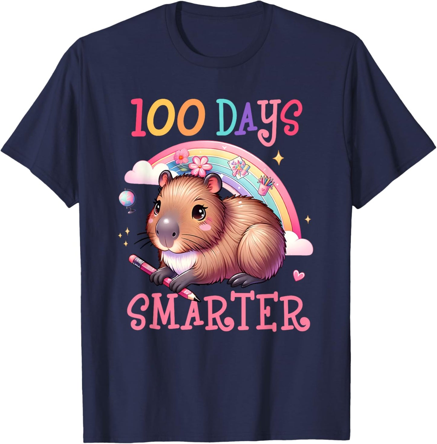 100 Days Smarter Capybara Kids Teacher 100th Day of School T-Shirt - T-Shirt | Navy