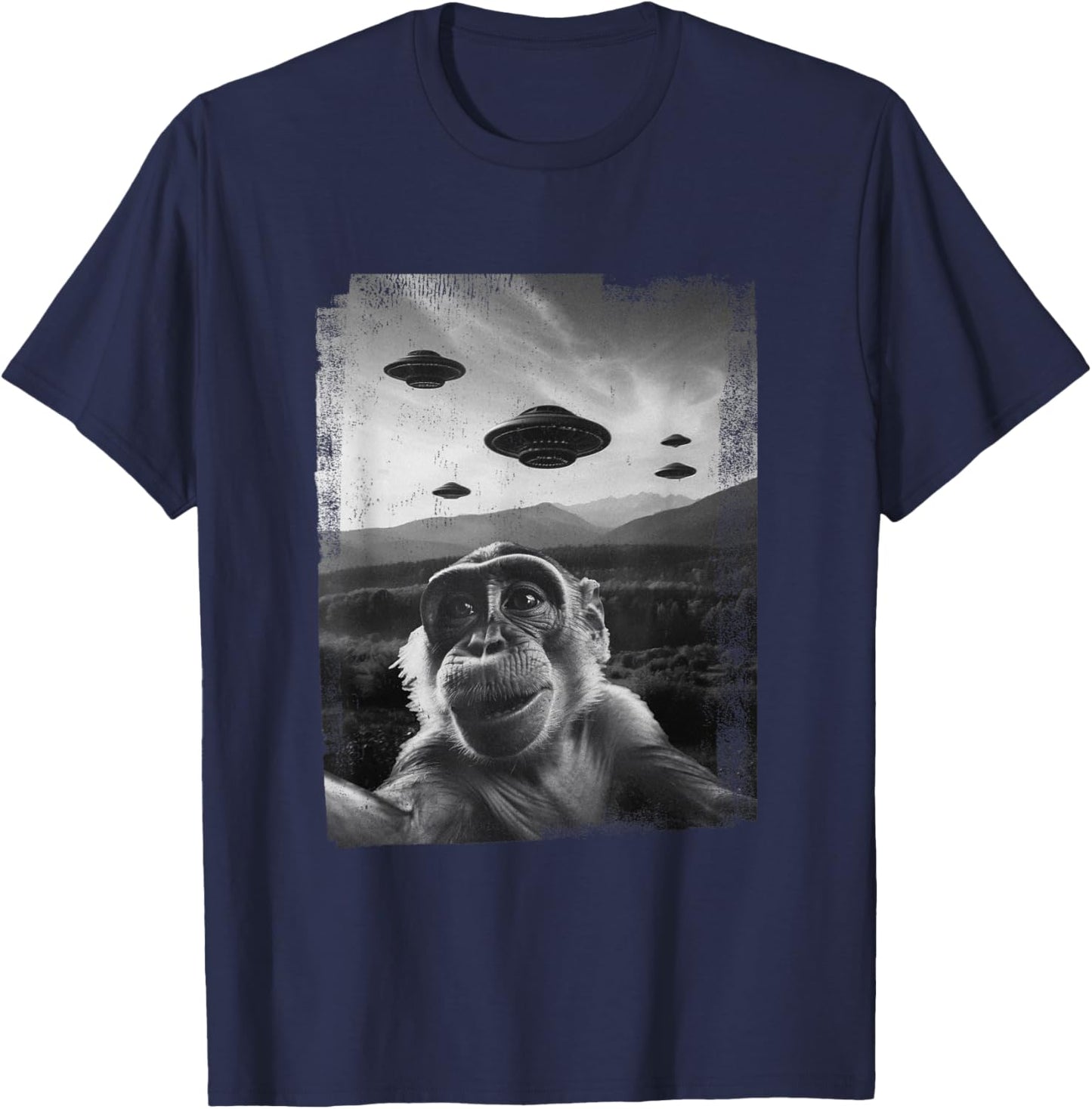 Funny Monkey Selfie With Alien Ufo Cute Monkey For Kids T-Shirt - T-Shirt | Navy