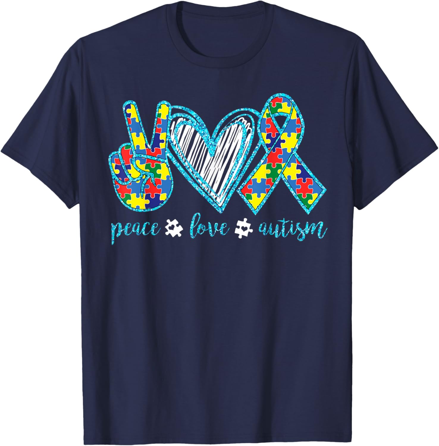 Autism Puzzle Piece Peace Love Autism Awareness T-Shirt - T-Shirt | Navy