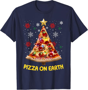 Pizza on Earth Christmas Tree Funny Xmas Pizza Fast Food T-Shirt - T-Shirt | Navy