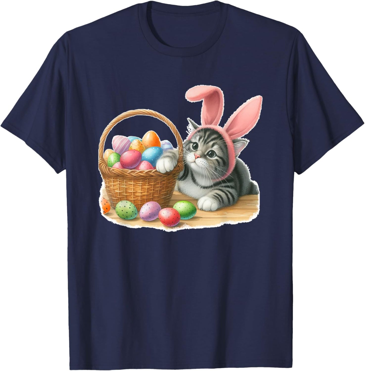 Cute Tabby Striped Gray Grey Kitten Rabbit Ears Easter Eggs T-Shirt - T-Shirt | Navy