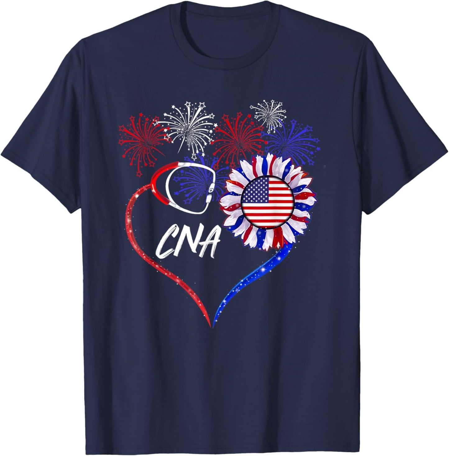 Patriotic Nurse CNA 4th Of July American Flag Sunflower Love Women Men T-Shirt - T-Shirt | Navy