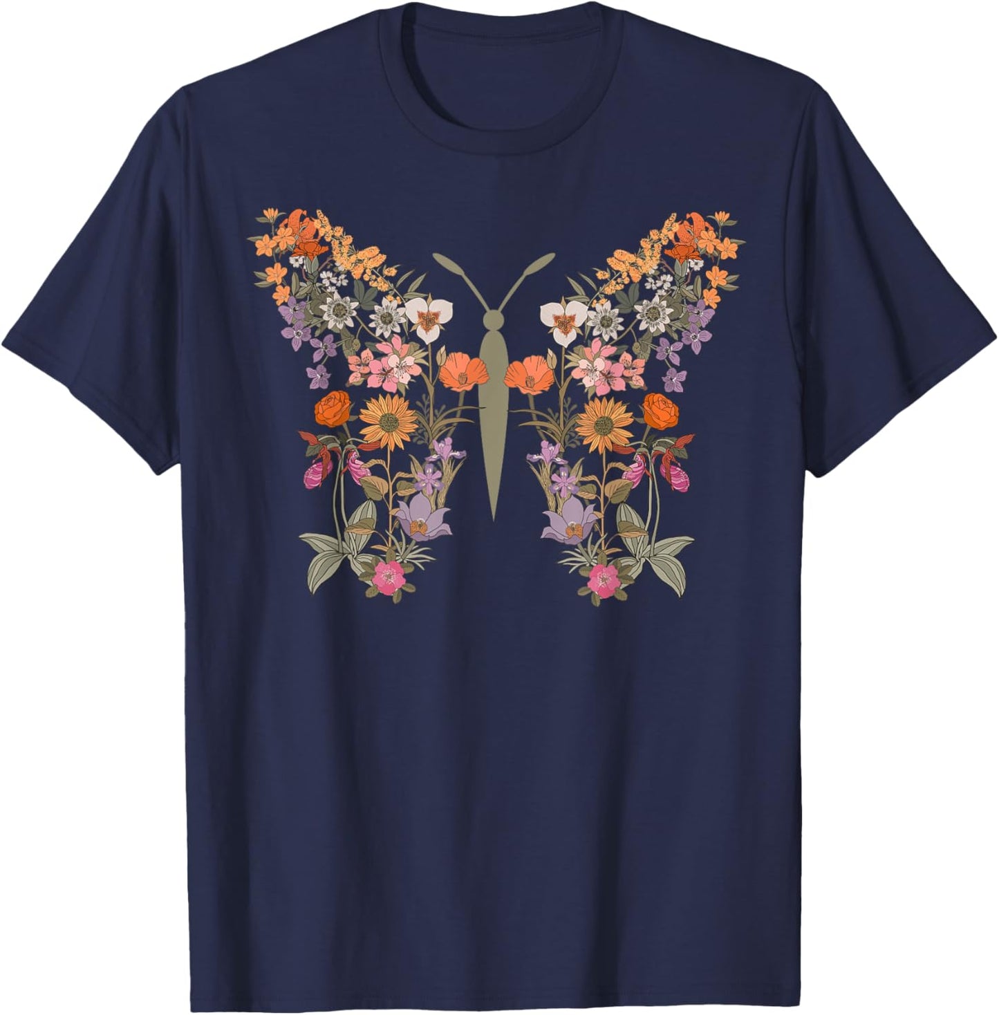 Women Boho Wildflower Summer Flowers Butterfly Shape Graphic T-Shirt - T-Shirt | Navy