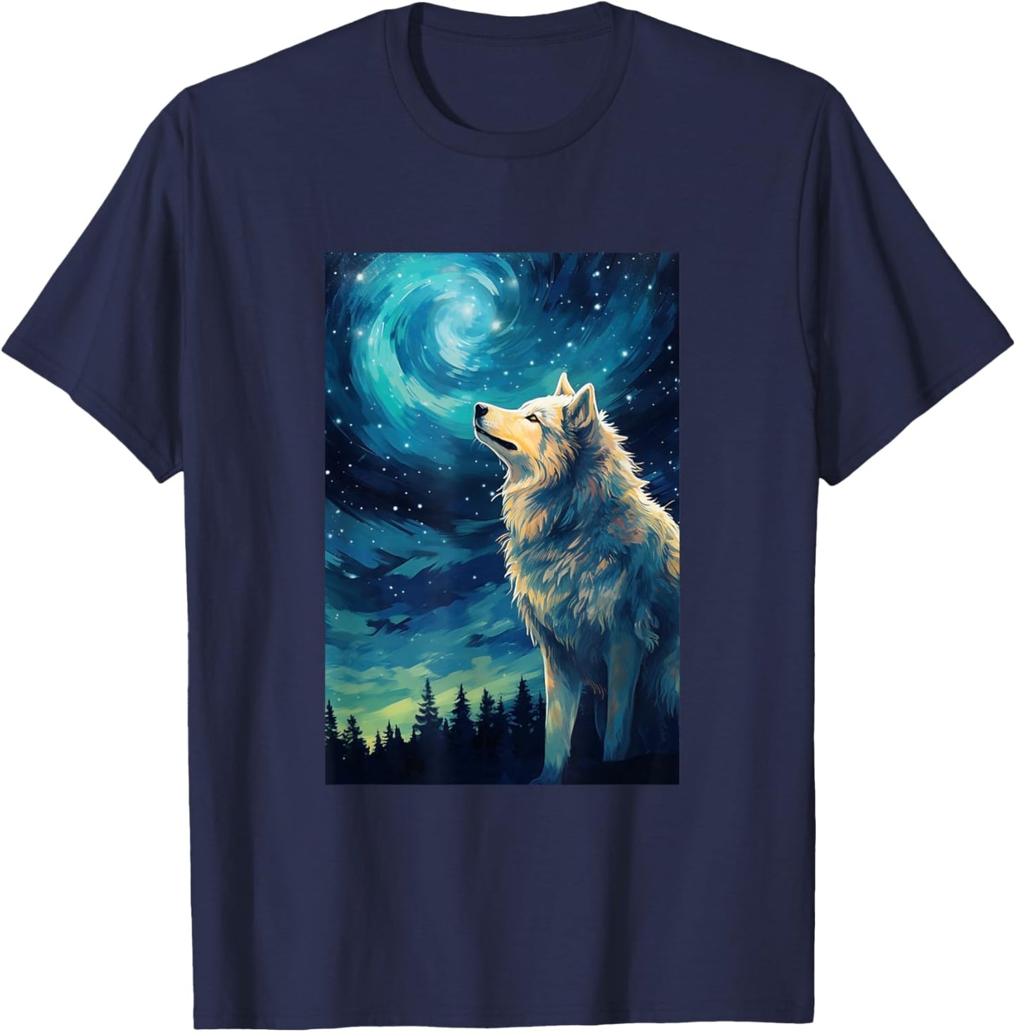 Wolf Wolves - Van Gogh Style - Starry Night T-Shirt - T-Shirt | Navy