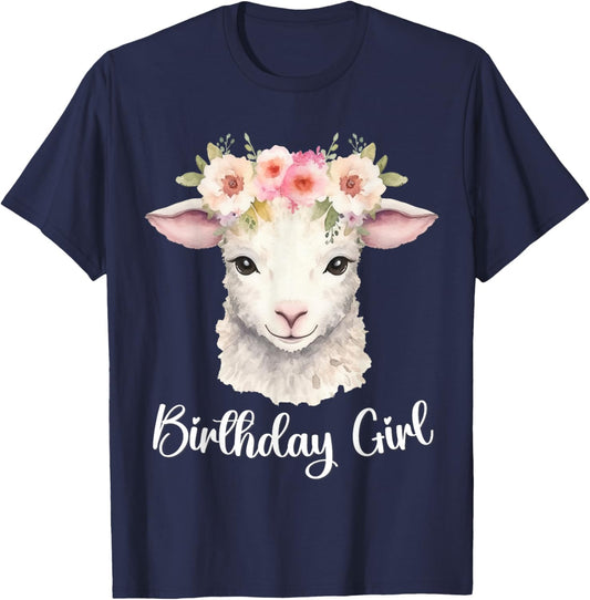 Lamb, Sheep with Flowers for the Birthday Girl T-Shirt - T-Shirt | Navy