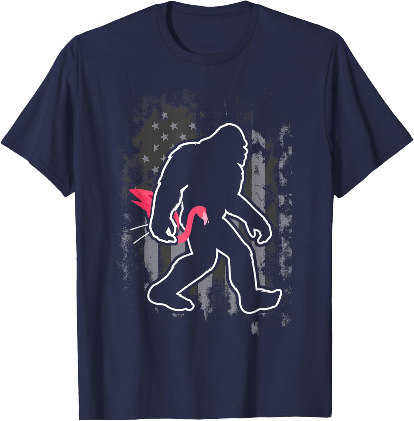 Bigfoot Carrying Lawn Flamingo Funny Sasquatch T-Shirt - T-Shirt | Navy