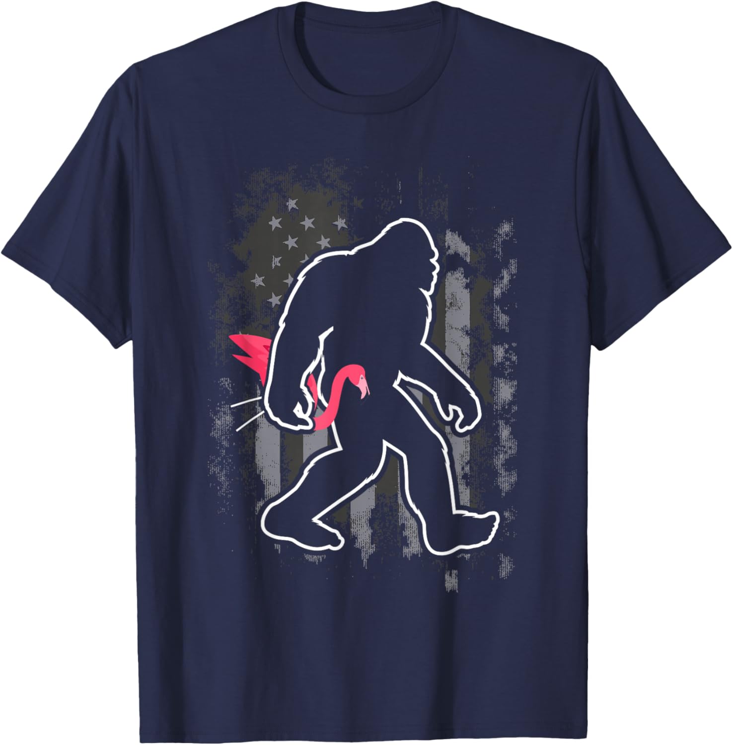 Bigfoot Carrying Lawn Flamingo Funny Sasquatch T-Shirt - T-Shirt | Navy