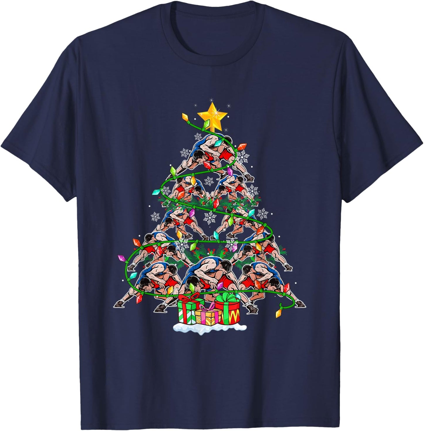 Funny Wrestling Xmas Tree Lights Sport Christmas Pajama T-Shirt - T-Shirt | Navy