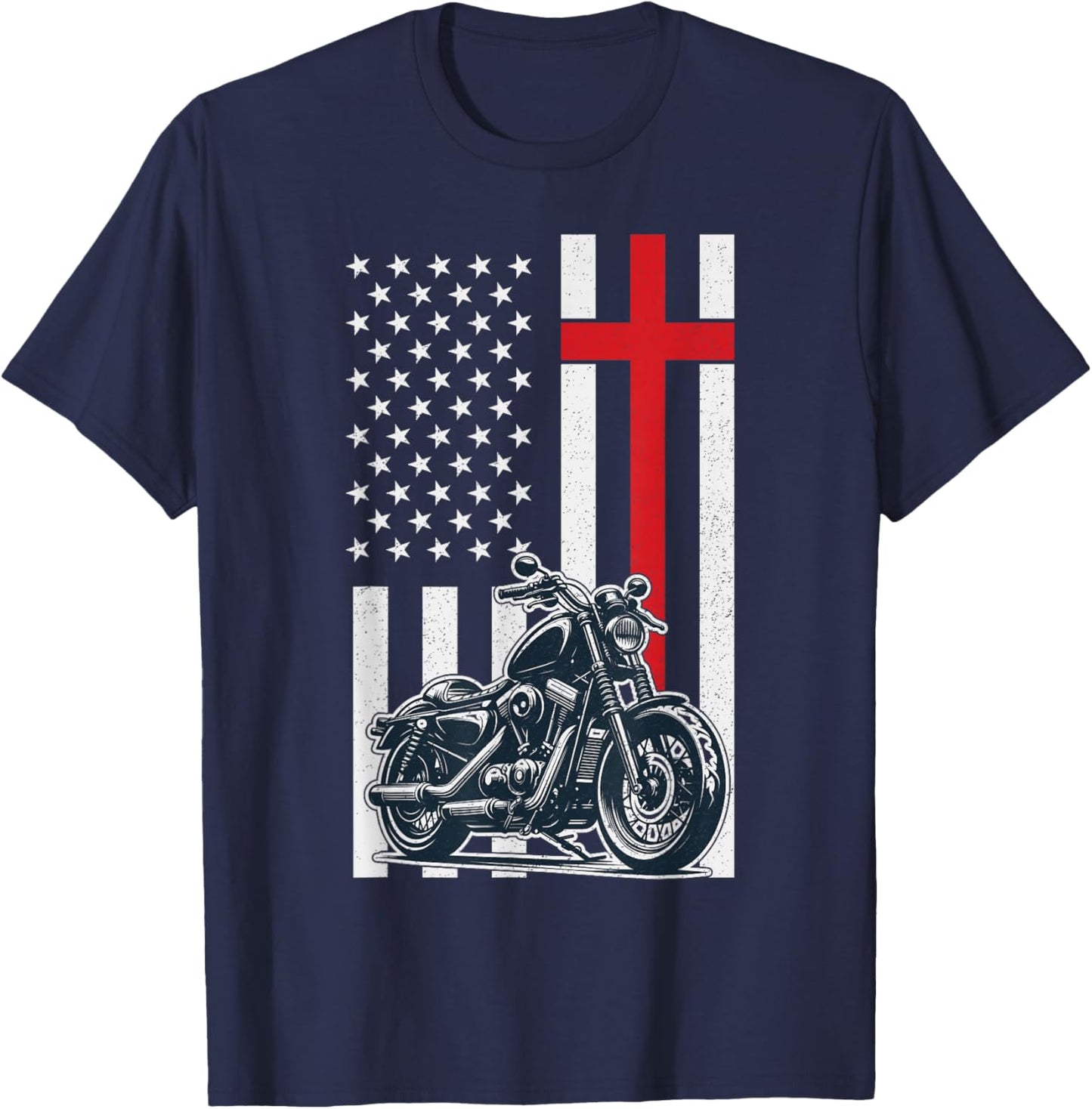 Christian Biker Motorcycle American Flag Cross T-Shirt - T-Shirt | Navy