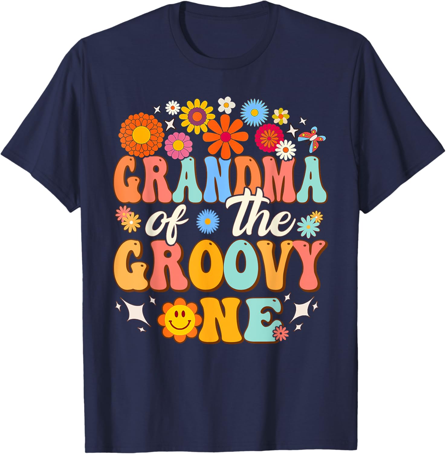 Retro Grandma of Groovy One Matching Family 1st Birthday T-Shirt - T-Shirt | Navy