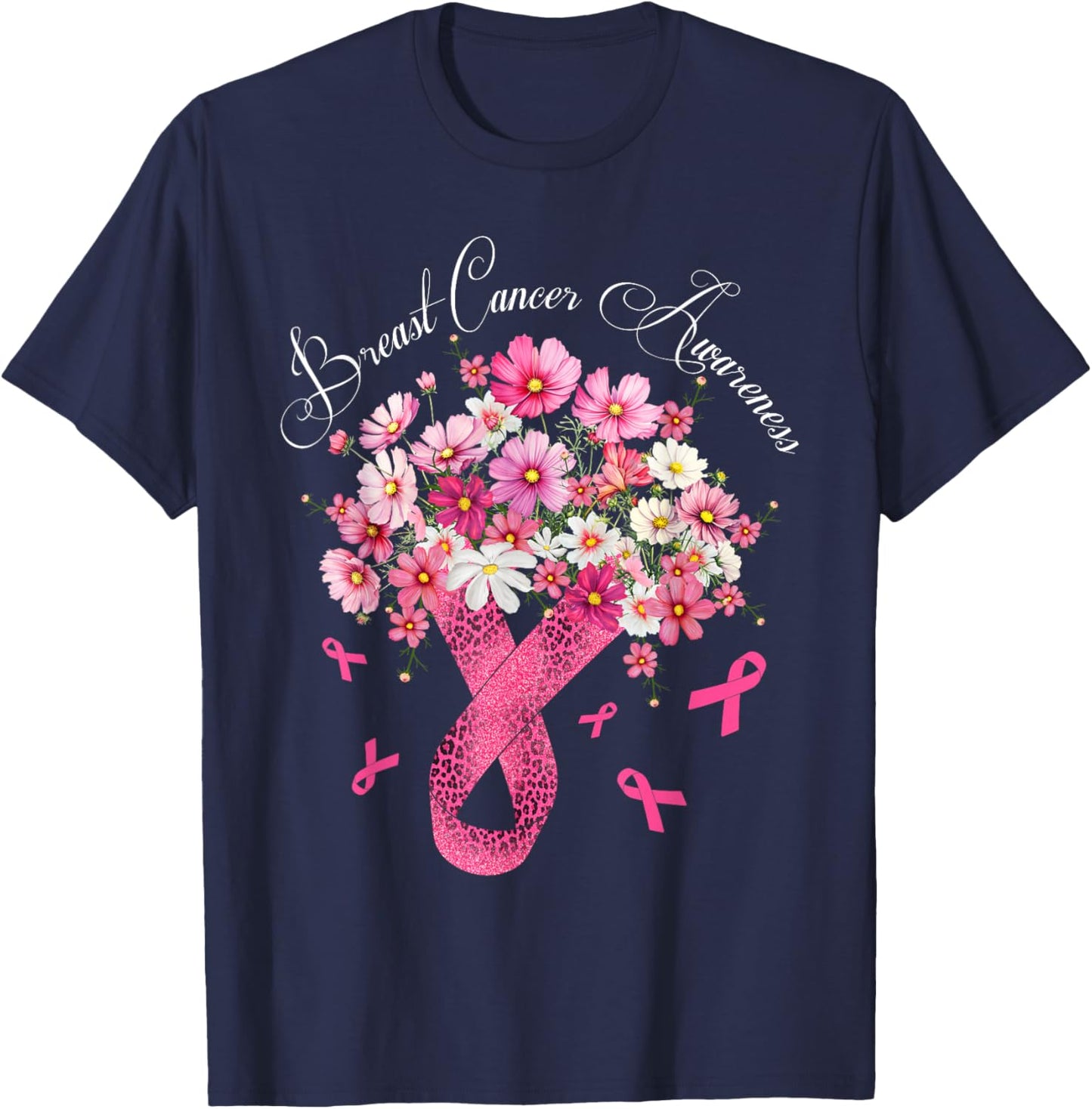 Breast Cancer Awareness Fighter Survivor Floral Pink Ribbon T-Shirt - T-Shirt | Navy