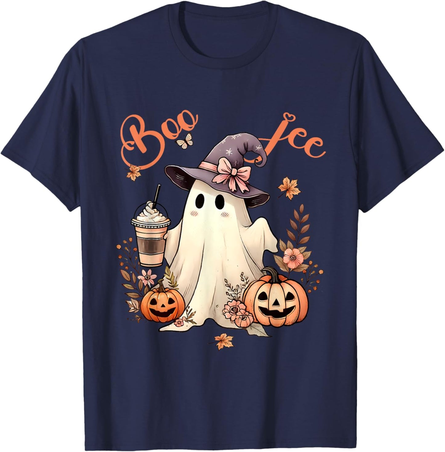 Boo Jee Ghost Drinking Coffee Coquette Bow Halloween Women T-Shirt - T-Shirt | Navy