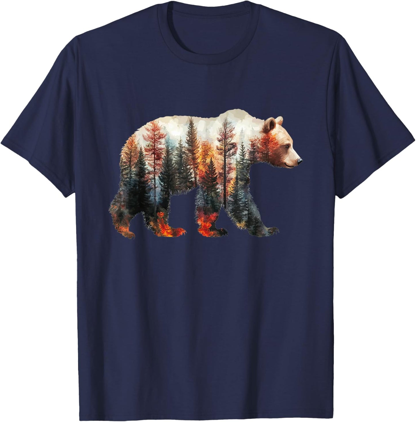 Bear Forest Mountains Trees Nature Sunset Outdoor Graphic T-Shirt - T-Shirt | Navy