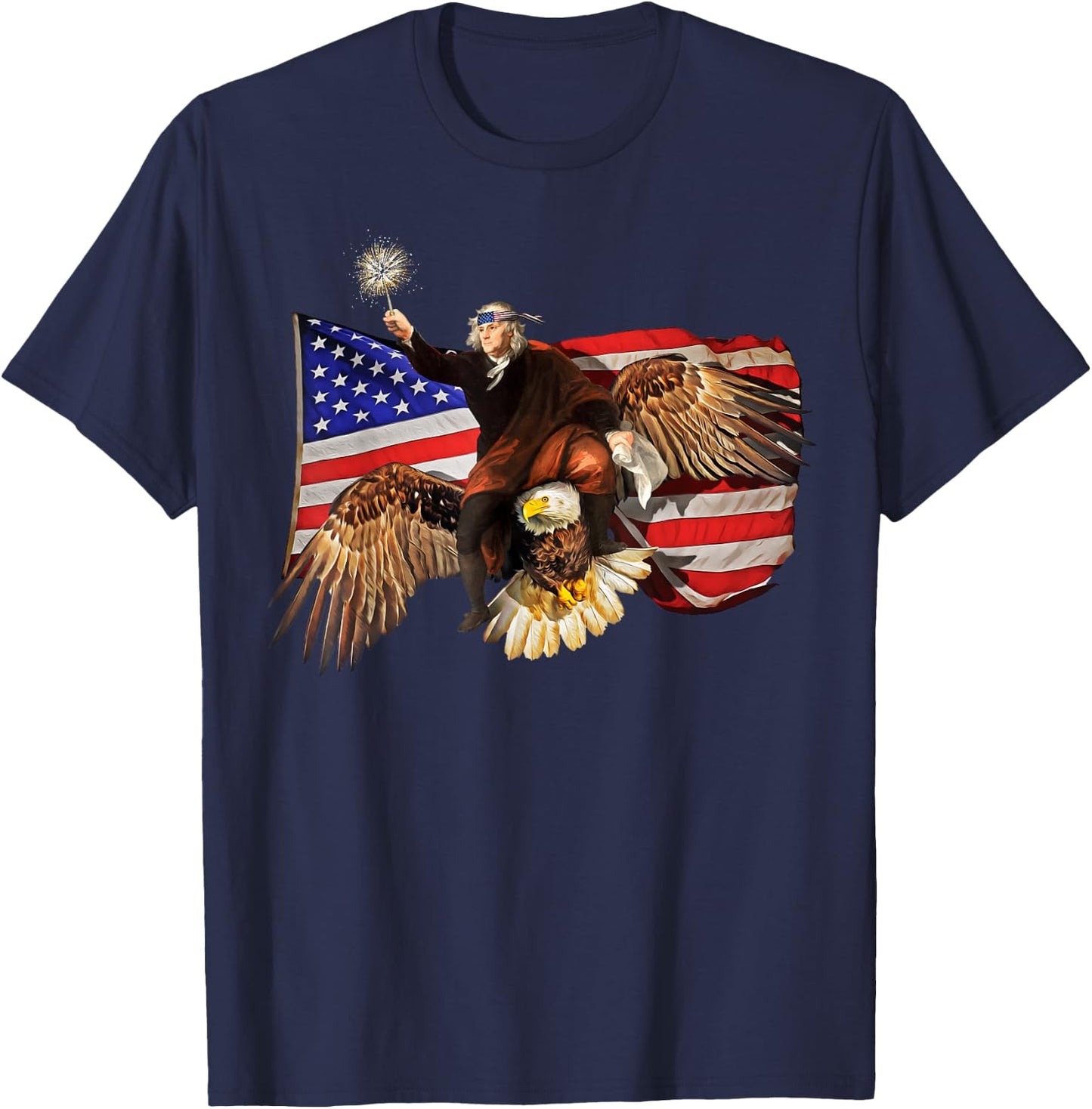 Ben Franklin Riding Eagle Shirt Funny July 4th American Flag T-Shirt - T-Shirt | Navy