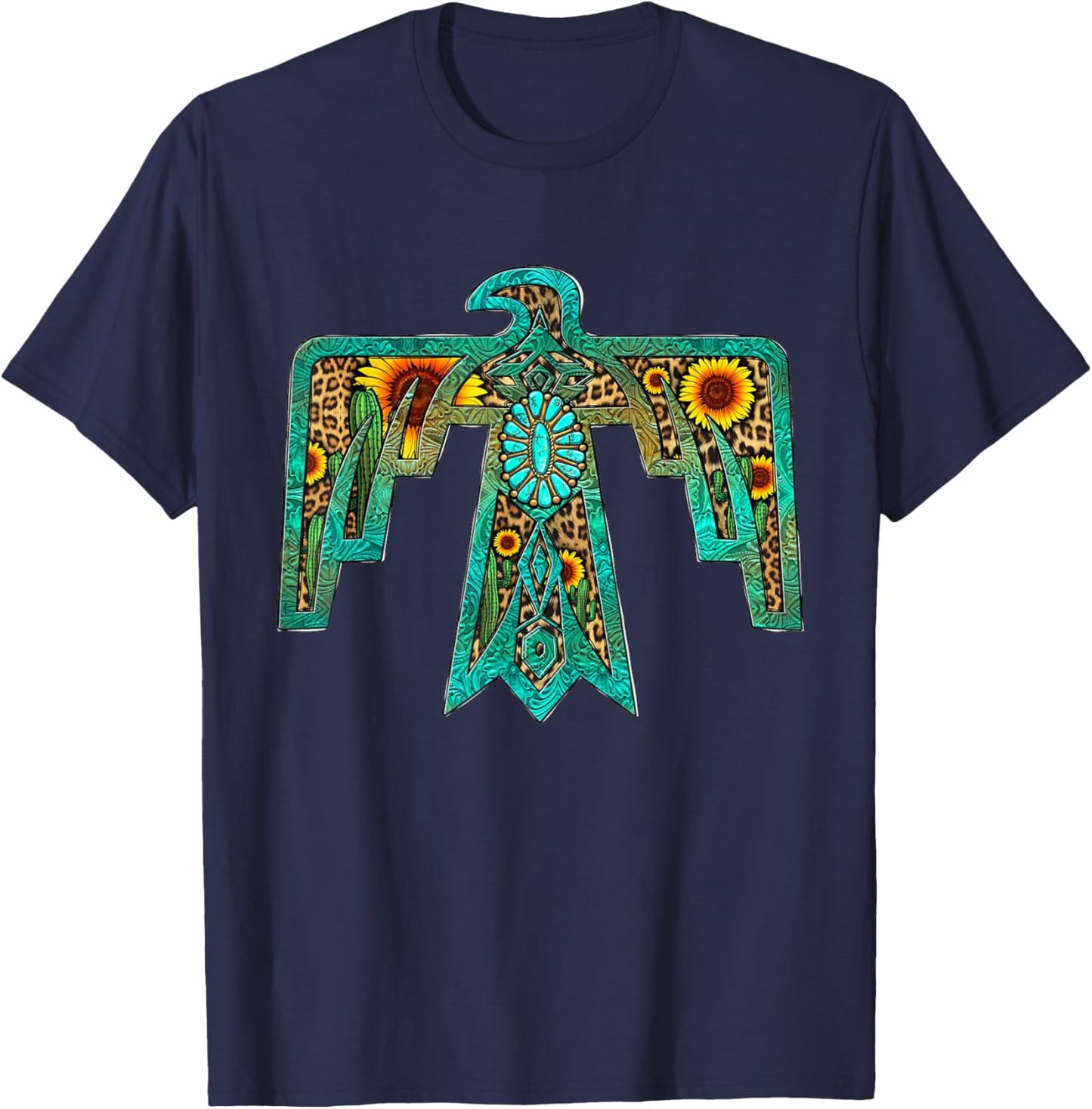 Western Southern Native American Thunderbird Sunflowers T-Shirt - T-Shirt | Navy