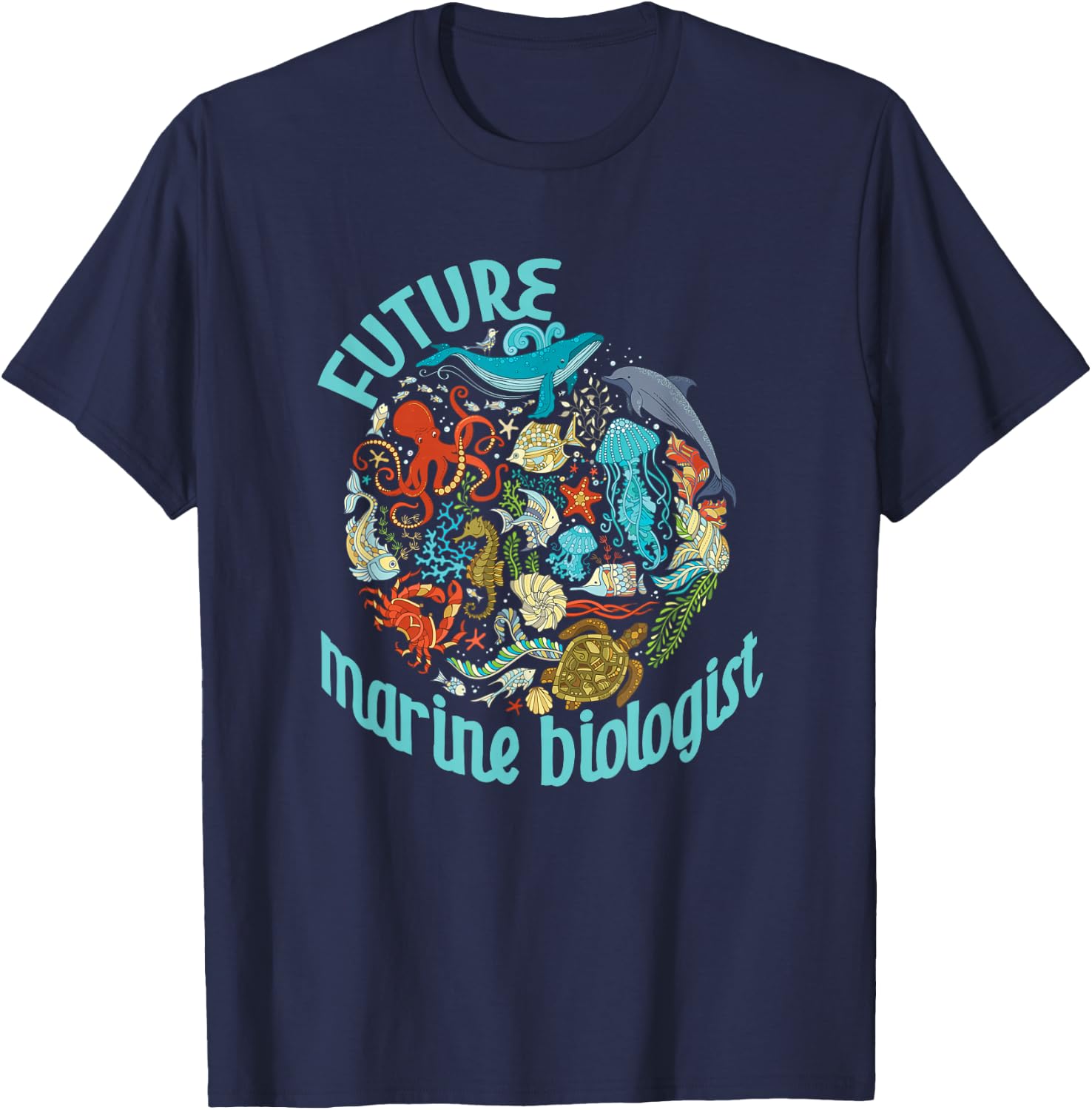 Future Marine Biologist Ocean Life Drawing Whale Octopus T-Shirt - T-Shirt | Navy