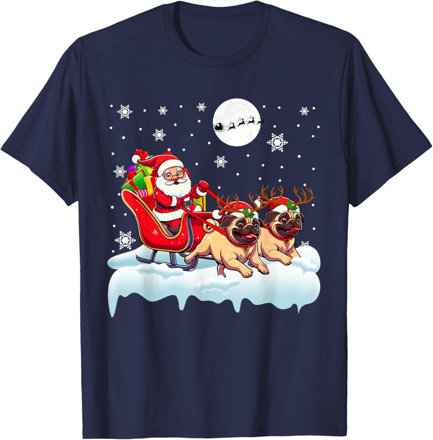 Santa Sleigh Reindeer Pugs Christmas Matching Owner T-Shirt - T-Shirt | Navy