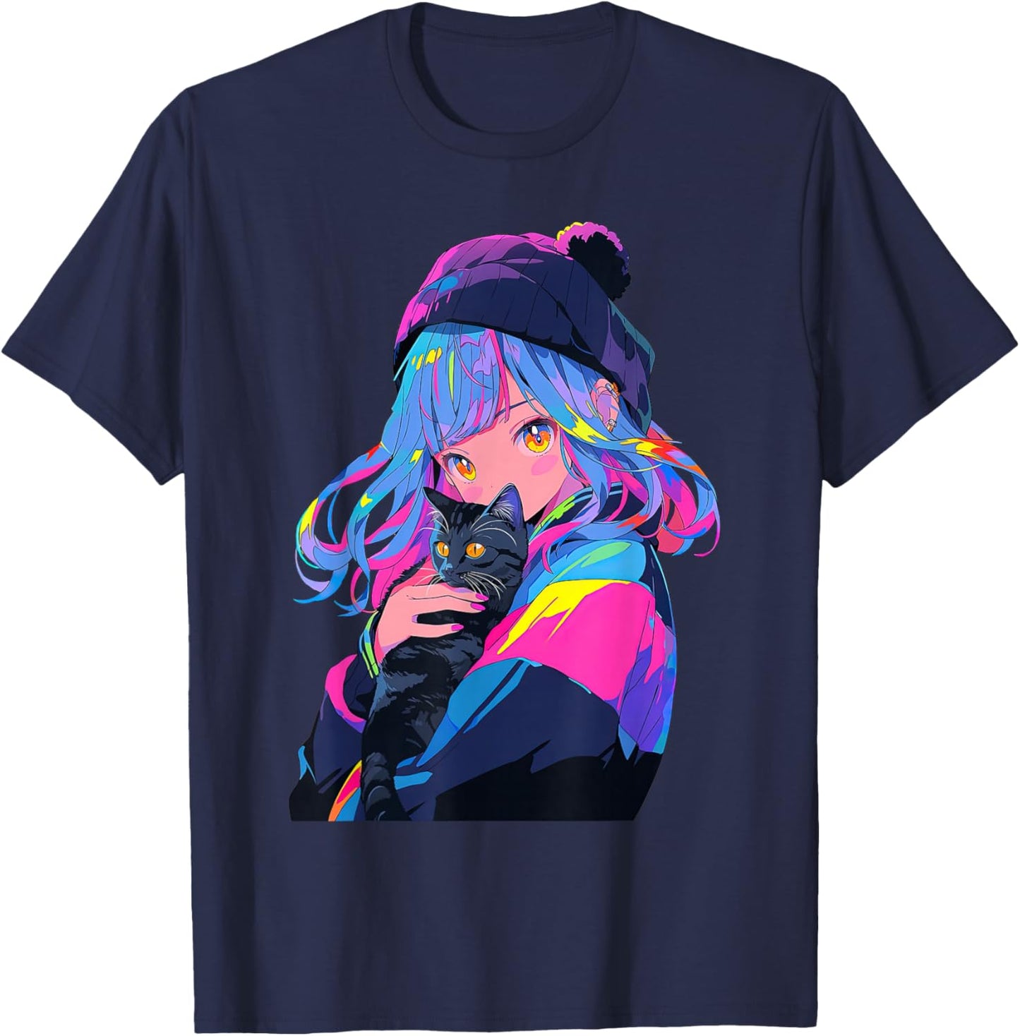 Anime and Cats Manga Girl with a Cat Anime Lover T-Shirt - T-Shirt | Navy