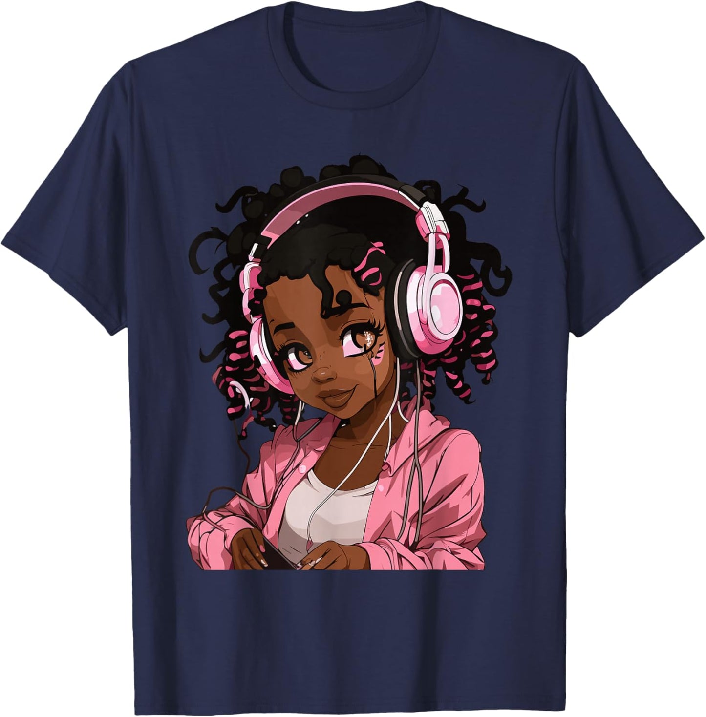 Anime and Music Black Girl Anime Merch Afro African American T-Shirt - T-Shirt | Navy