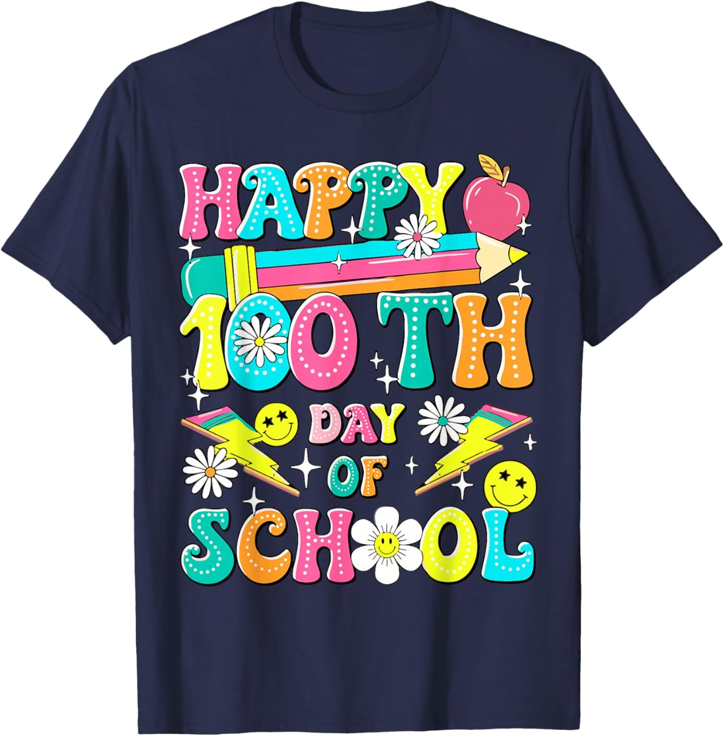 Retro Groovy 100th Day of School Teachers Kid Happy 100 Days T-Shirt - T-Shirt | Navy