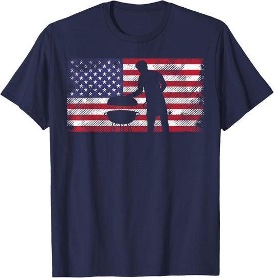 American Flag Dad Bbq Grilling Barbecue Meat Patriotic Men T-Shirt - T-Shirt | Navy