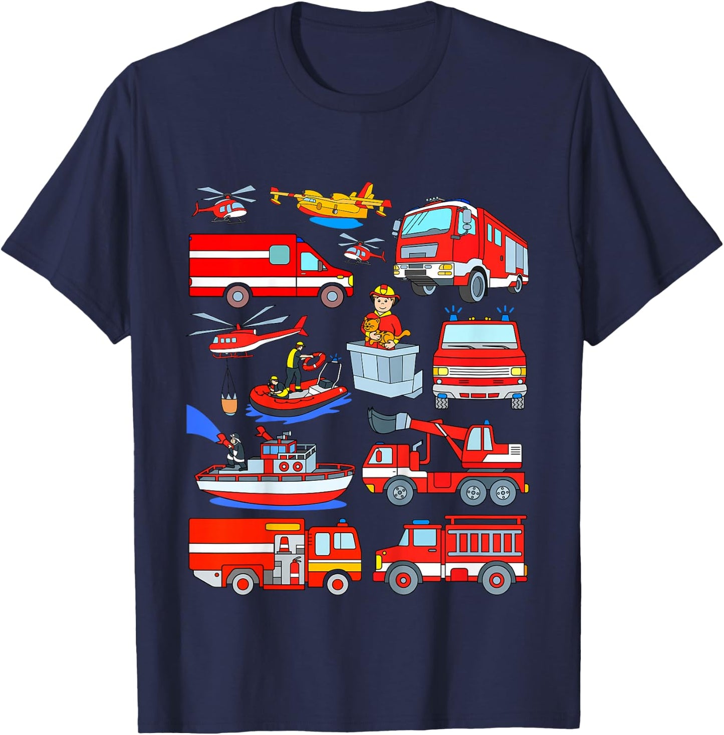 Kids Fire Truck Fireman Cat Rescue Boat Plane Firefighters Boy T-Shirt - T-Shirt | Navy