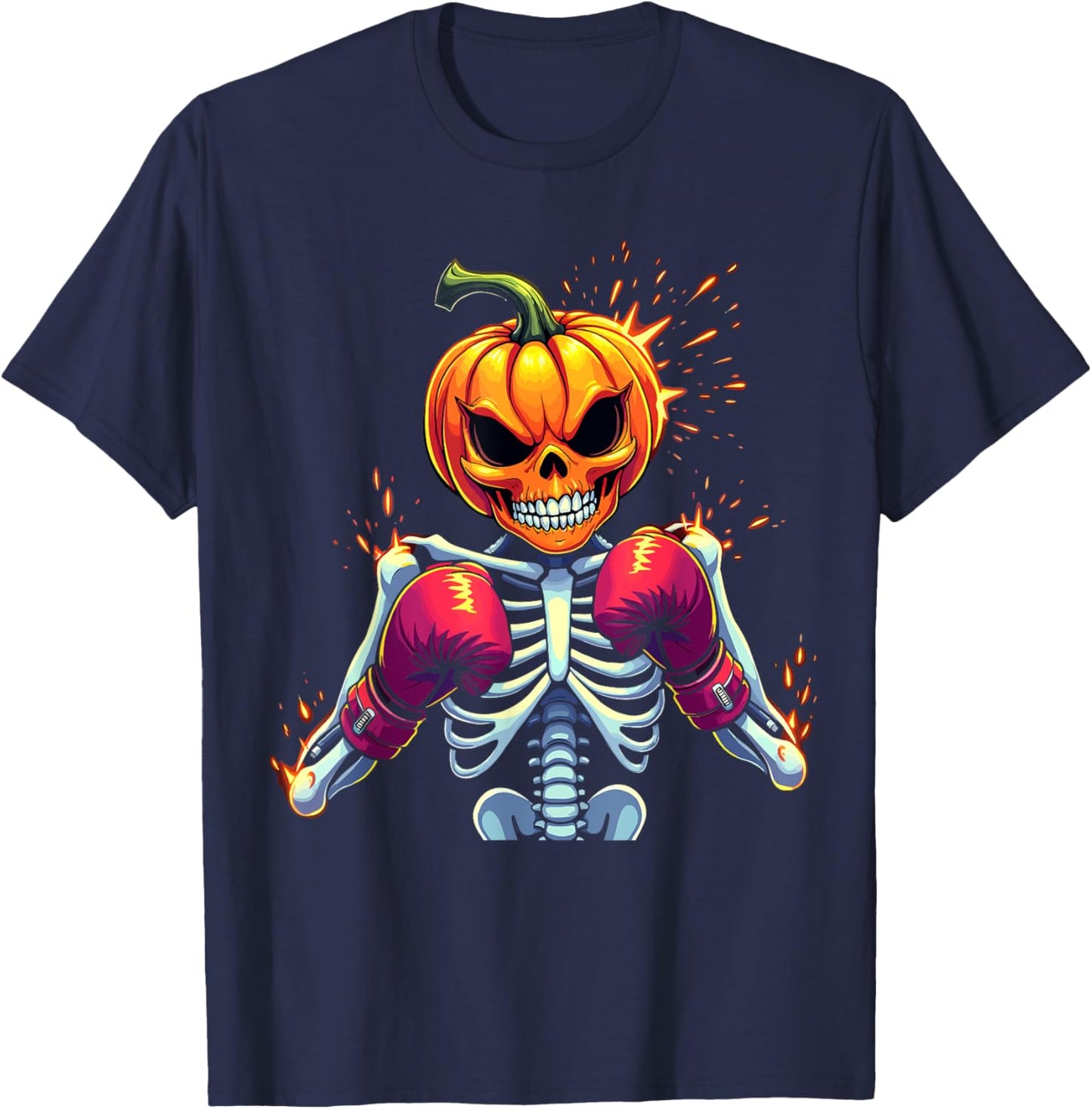 Pumpkin Head Skeleton Boxing Halloween Spooky Fighter T-Shirt - T-Shirt | Navy