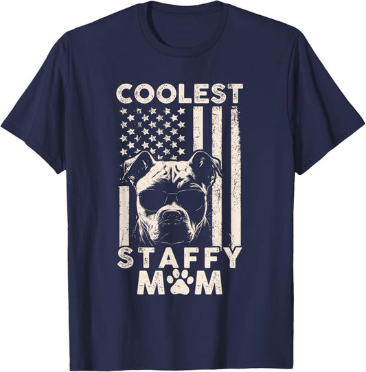 Vintage Coolest Staffy Mom USA American Flag Funny Dog Mom Kids Men T-Shirt - T-Shirt | Navy