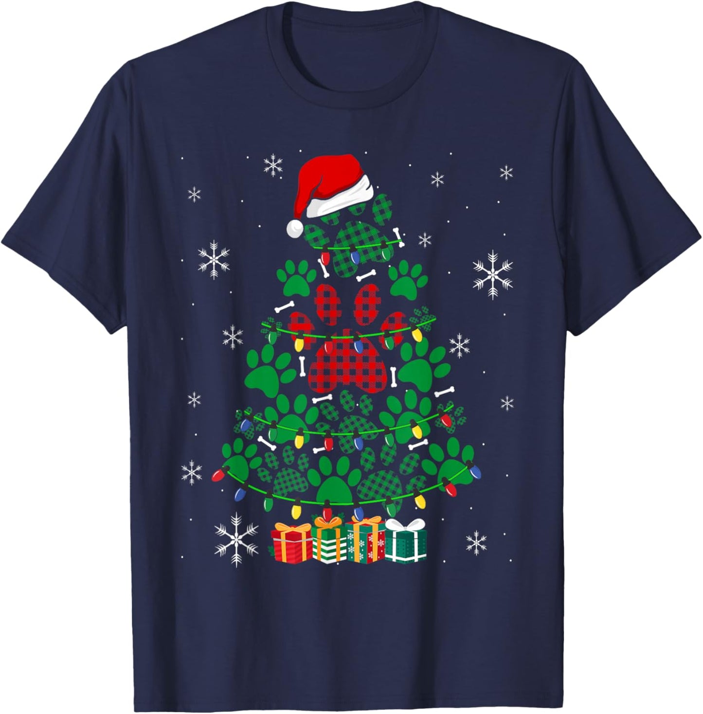 Paws Print Christmas Tree Dog or Cat with Santa Lights T-Shirt - T-Shirt | Navy