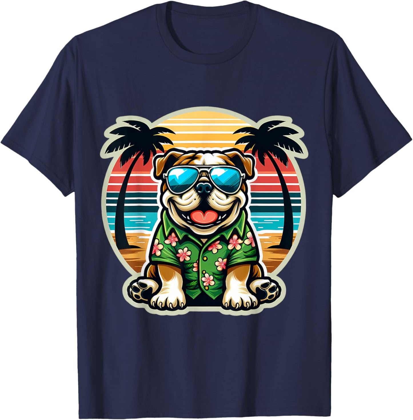 Bulldog Dog Owner Summer Vibes Vacation Tropical Holiday Sun T-Shirt - T-Shirt | Navy