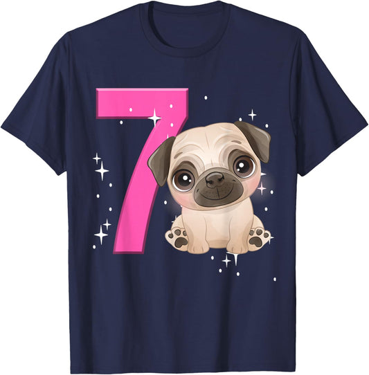 7th Birthday Girl Pug Dog Birthday Shirt Party Pug Kid Seven T-Shirt - T-Shirt | Navy