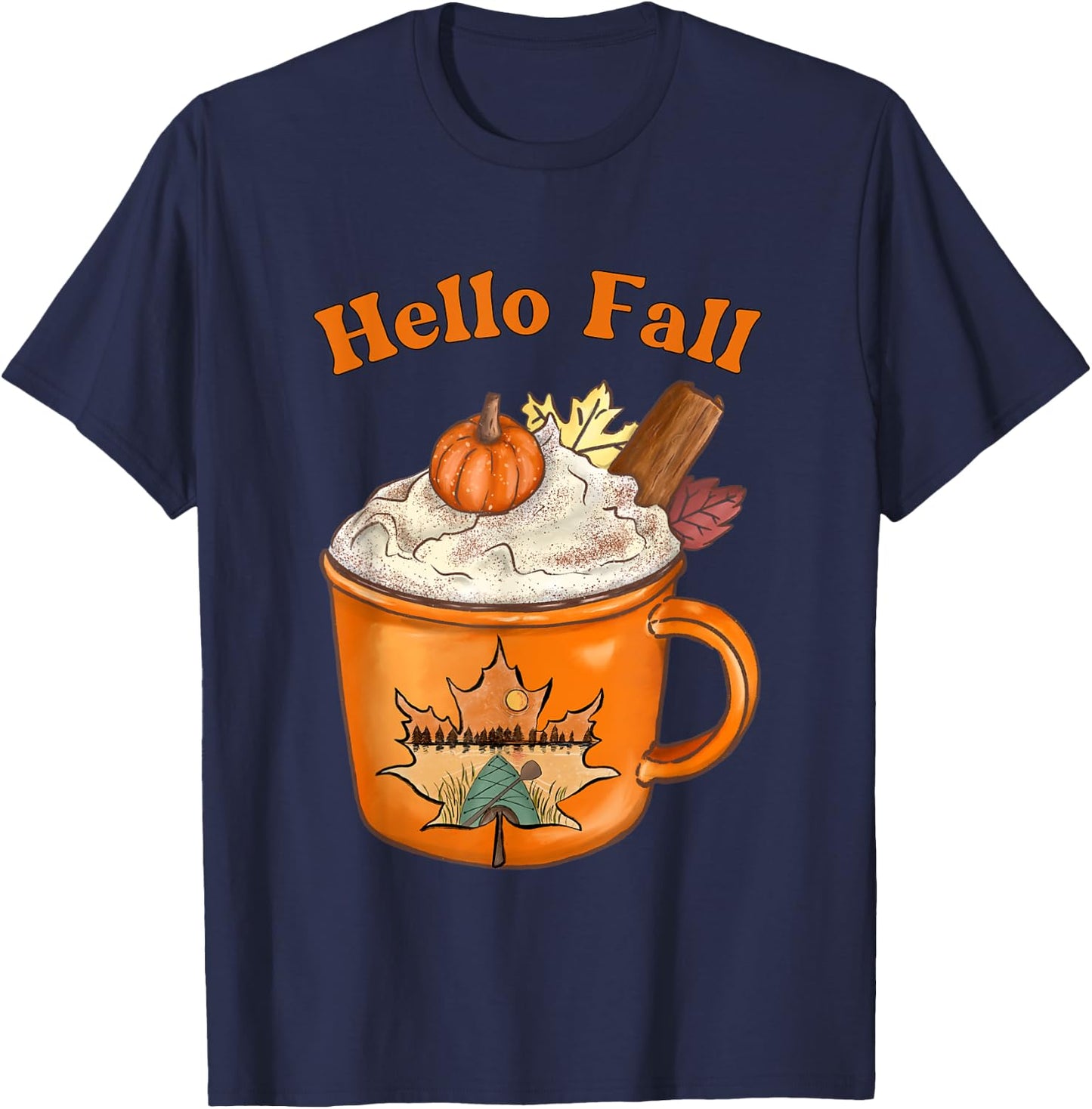 Cute Fall Hello Fall Pumpkin Spice Fall Leaves Outdoors T-Shirt - T-Shirt | Navy
