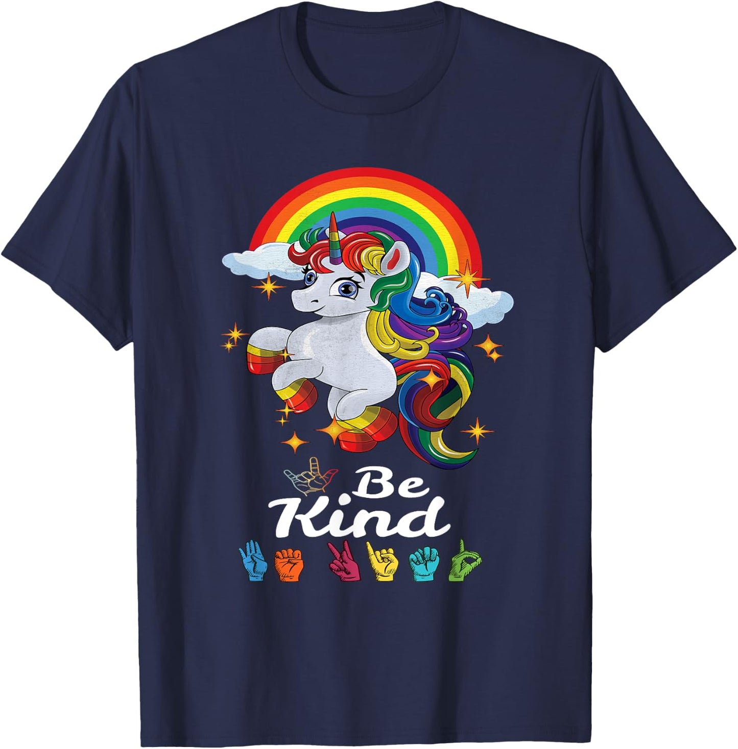 Be Kind Love ASL Teacher American Sign Language Girl Unicorn T-Shirt - T-Shirt | Navy