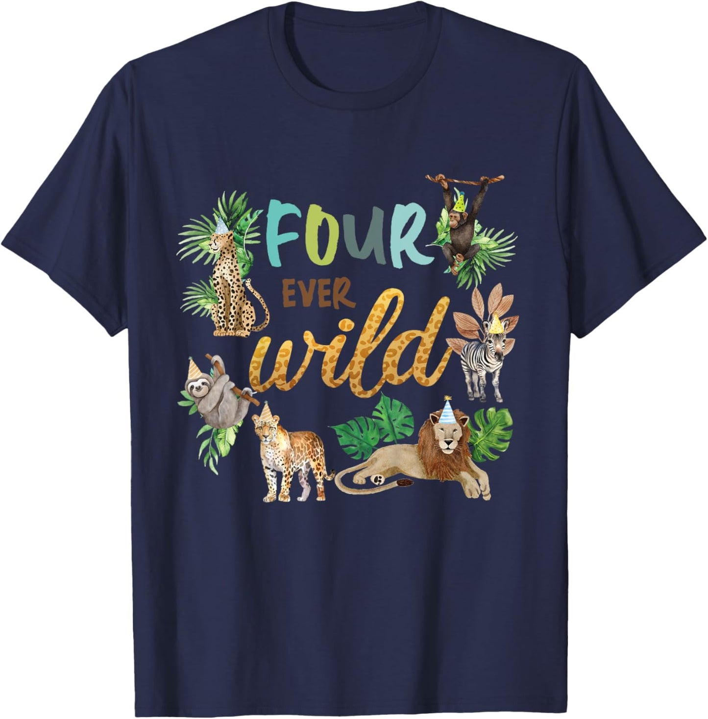 Kids Four Ever Wild 4th Birthday Boy Zoo Safari Jungle Theme Son T-Shirt - T-Shirt | Navy