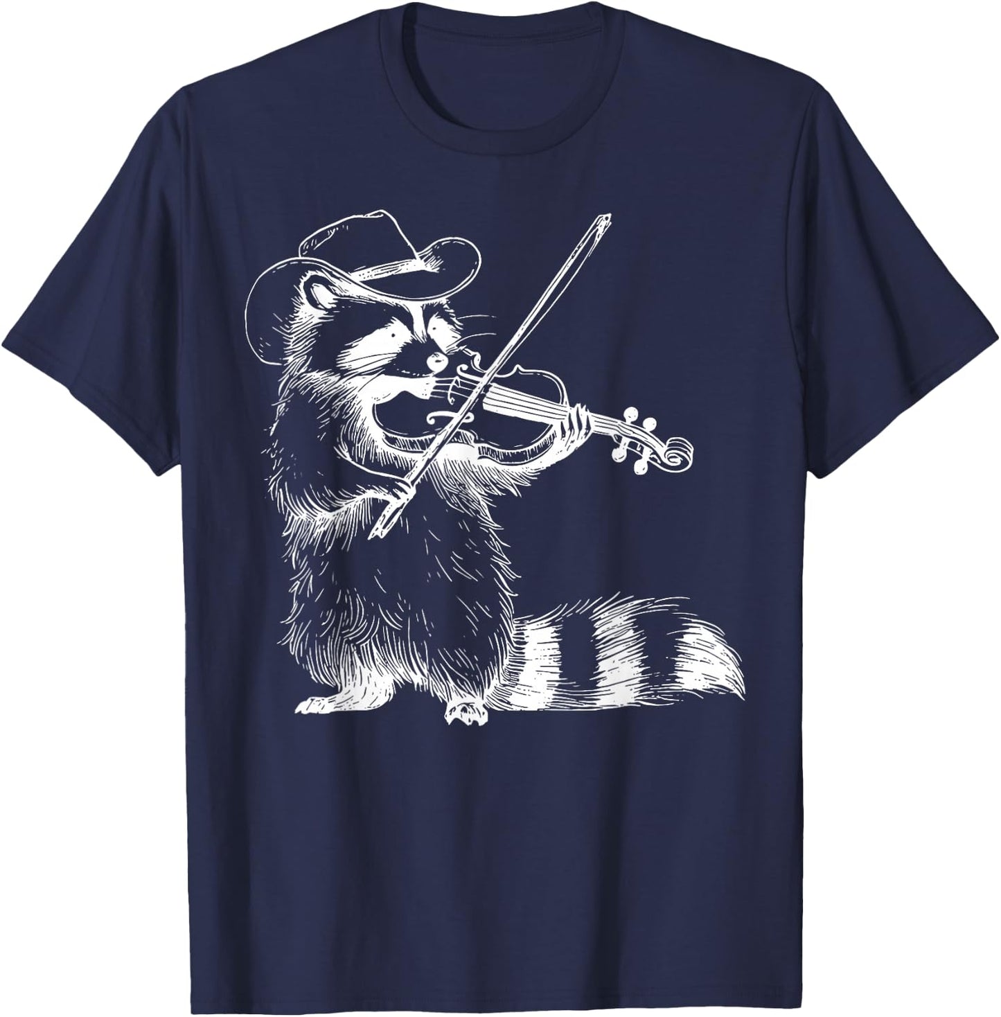 Vintage Cowboy Raccoon Playing Fiddle Violin Animal Musician T-Shirt - T-Shirt | Navy