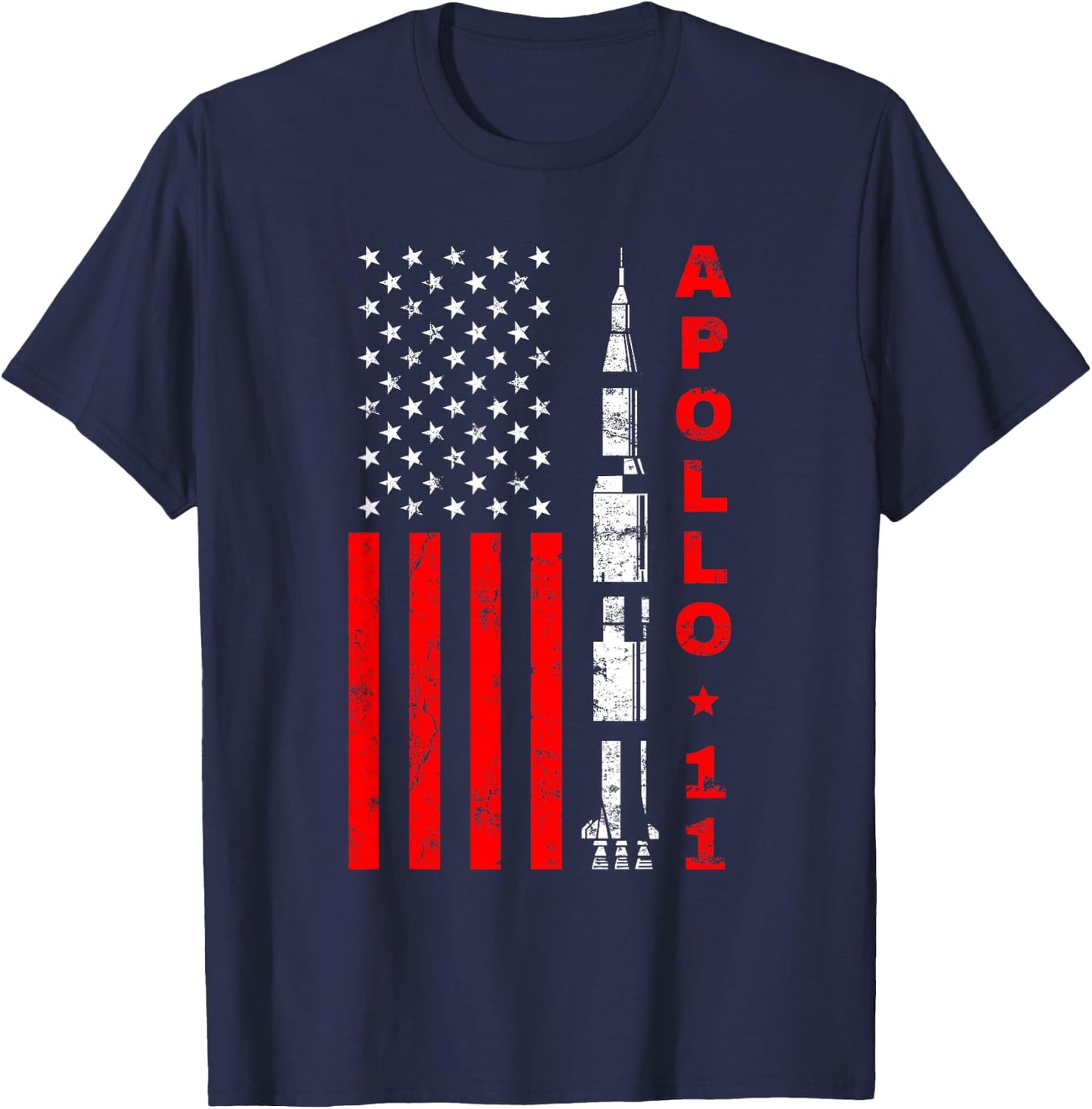 Apollo 11 Saturn V Rocket USA Flag T-Shirt - T-Shirt | Navy