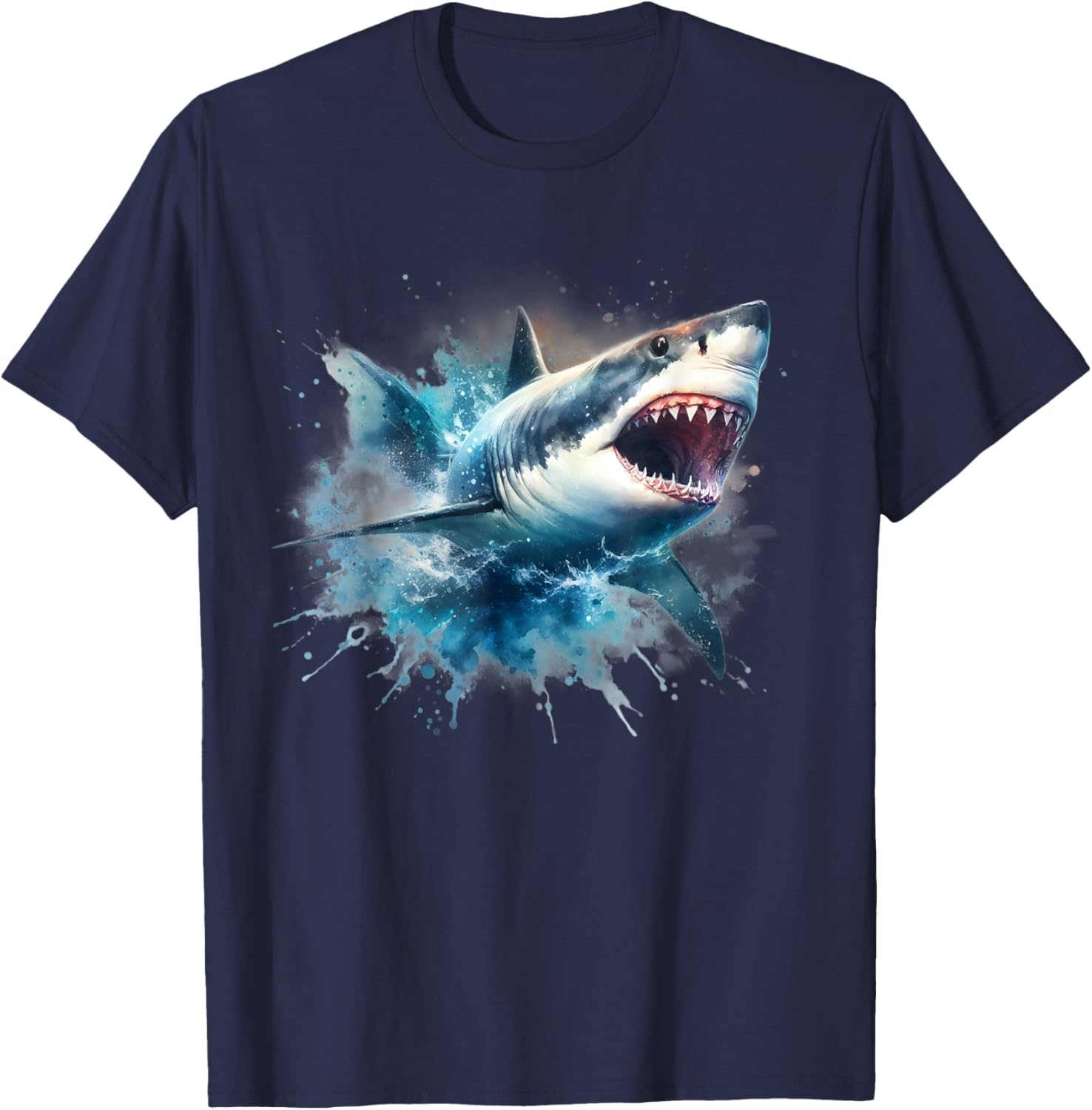 Cool Watercolor Great White Shark Open Jaw T-Shirt - T-Shirt | Navy