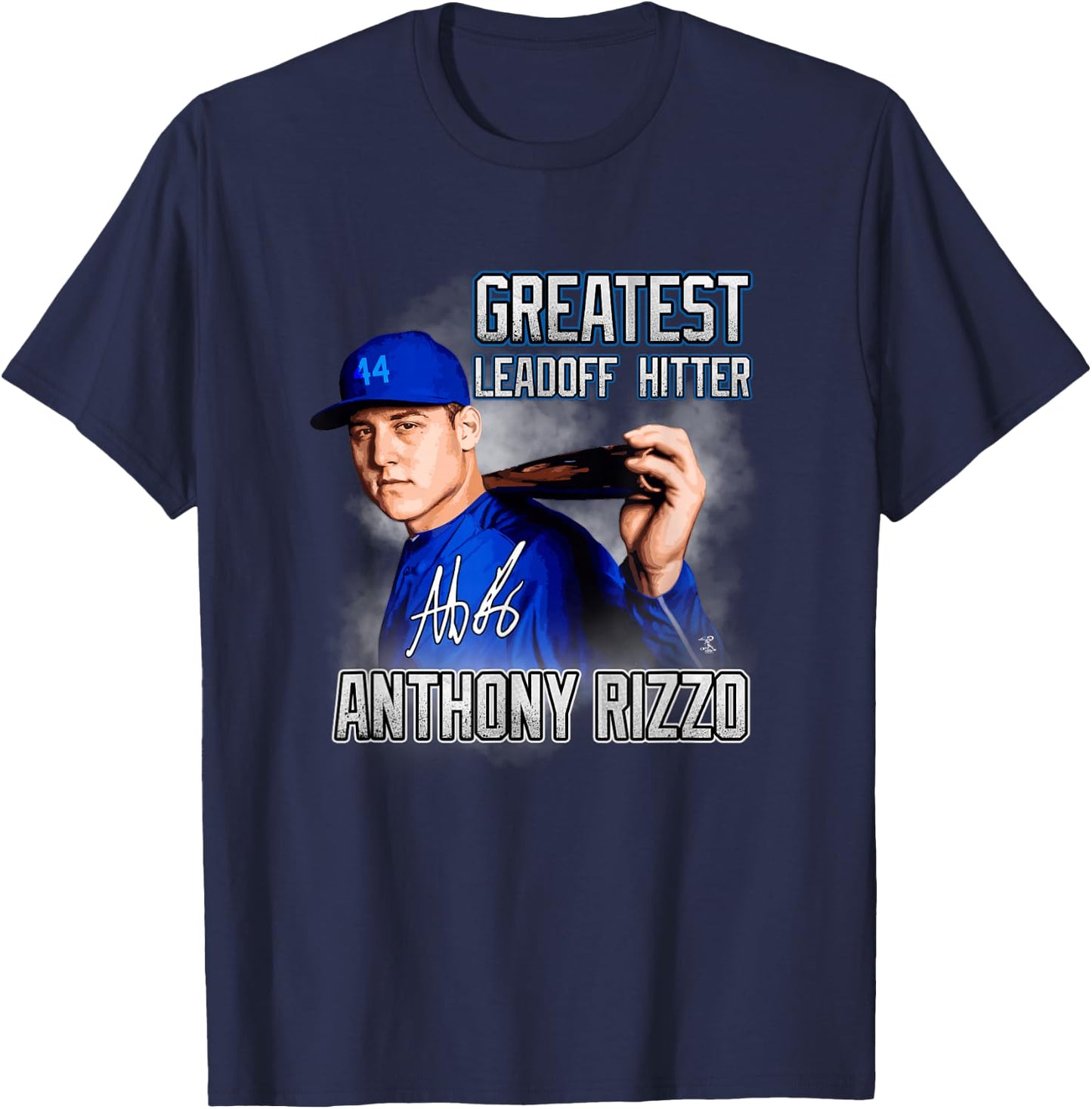 FanPrint Anthony Rizzo Greatest Leadoff Hitter - Blue, Men's, Adult, , Short Sleeve, Classic Fit, , Modern, Baseball Player T-Shirt - T-Shirt | Navy